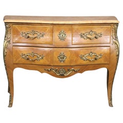 Fine Pale Walnut French Louis XV bronze Mounted Marble Top 3 Drawer Commode 