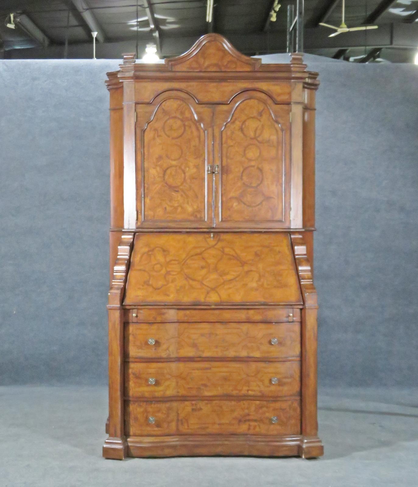 Fine Palermo Inlaid Burled Walnut Secretary Desk with Bookcase Top For Sale 5