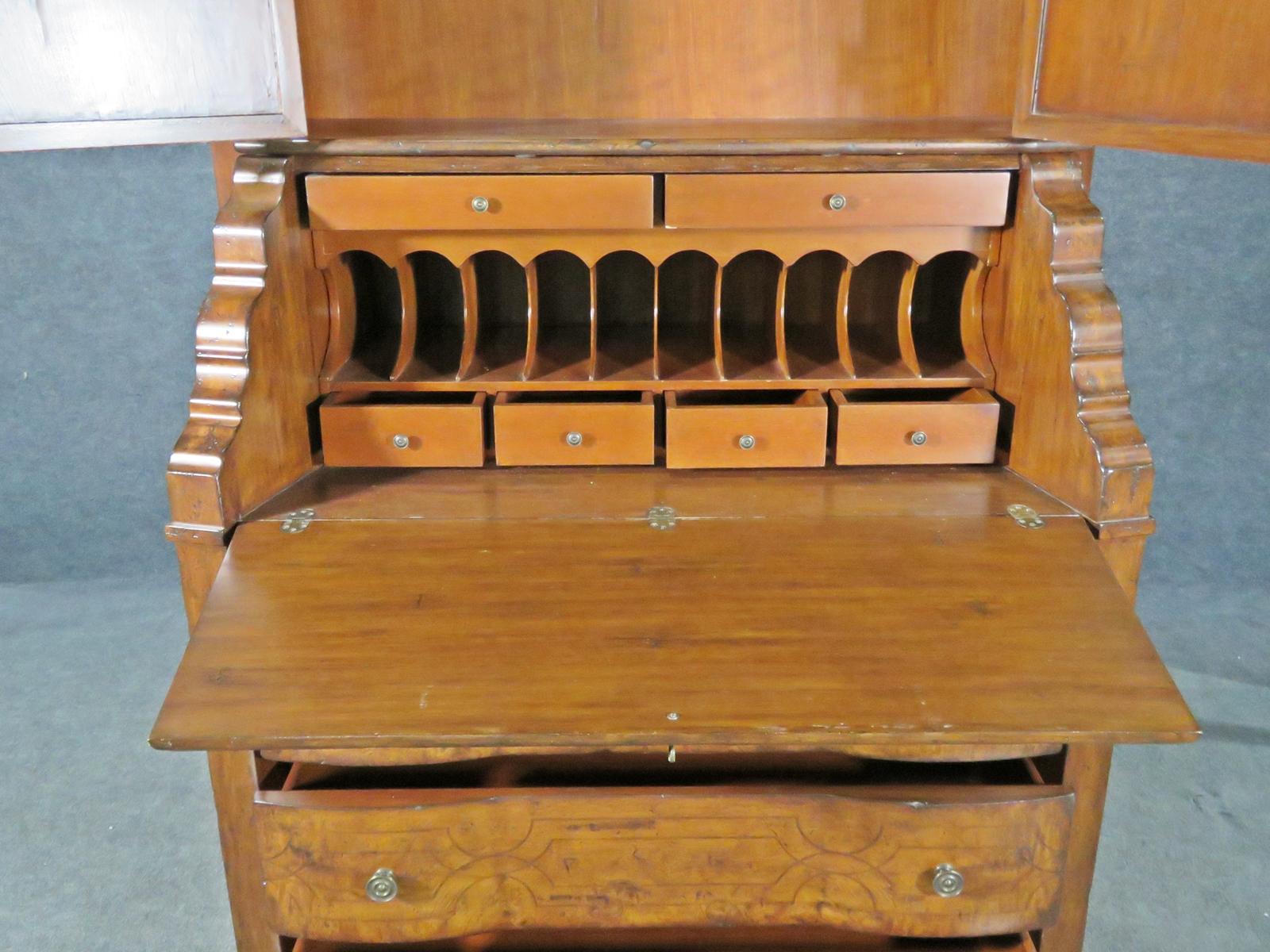 Late 20th Century Fine Palermo Inlaid Burled Walnut Secretary Desk with Bookcase Top For Sale