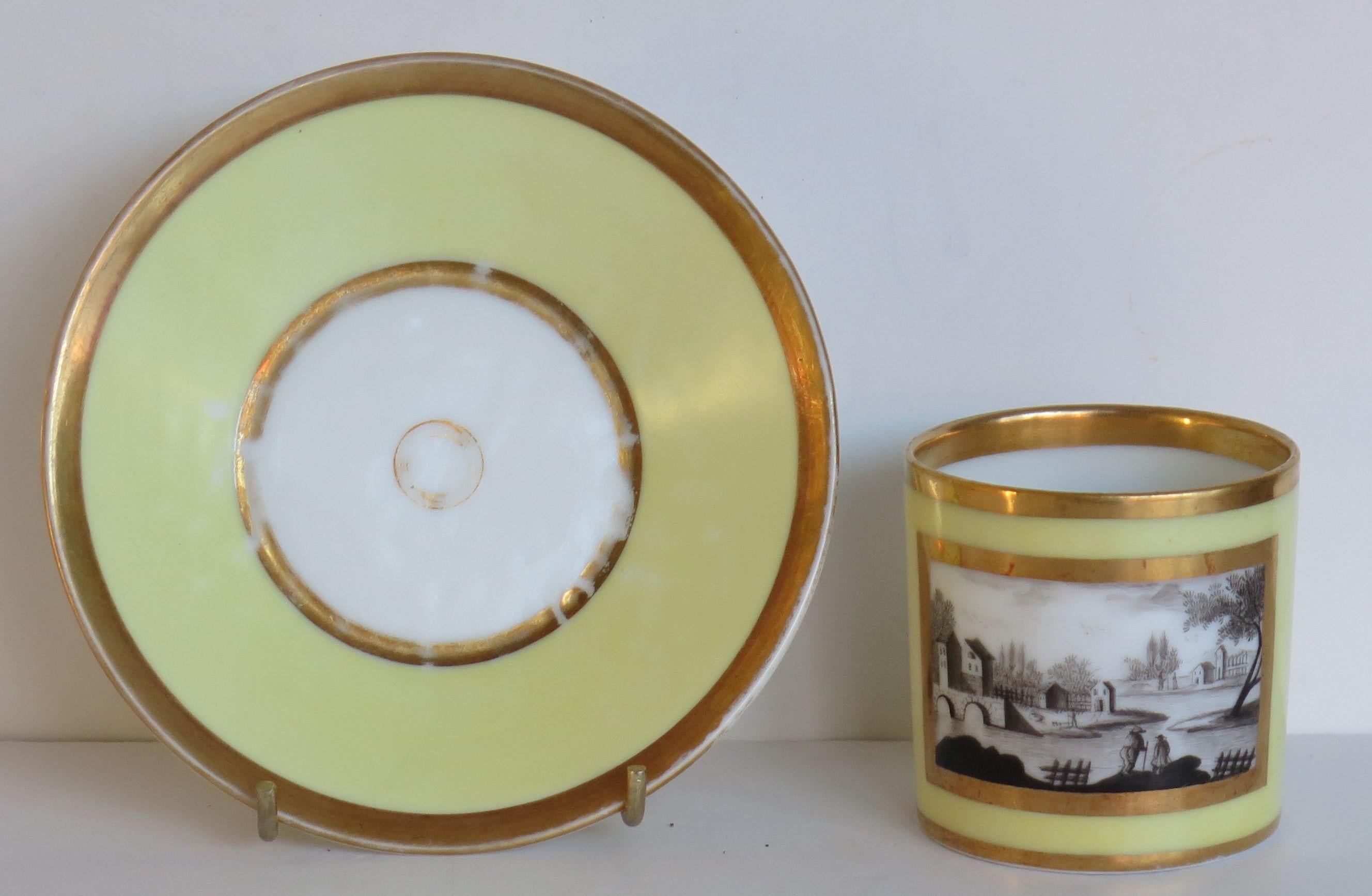 Lata de Café y Plato de Porcelana de París Limón Engrisaille, Francés Ca 1800 Georgiano en venta