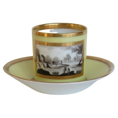 Antique Fine Paris Porcelain Coffee Can & Saucer Lemon Ground Engrisaille,French Ca 1800