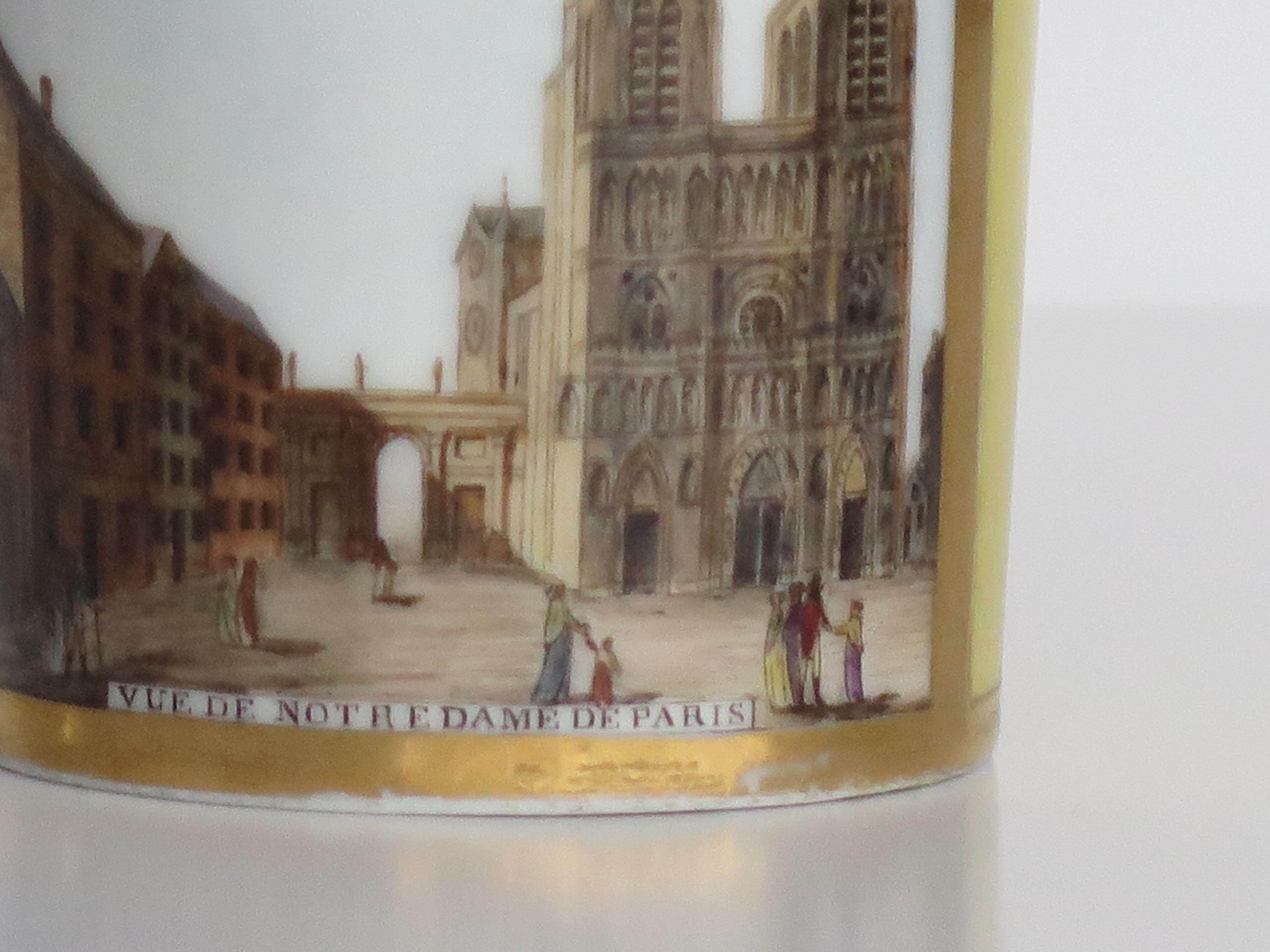 Hand-Painted Fine Paris Porcelain Coffee Can Vue De Notredame De Paris, French Ca 1795 For Sale