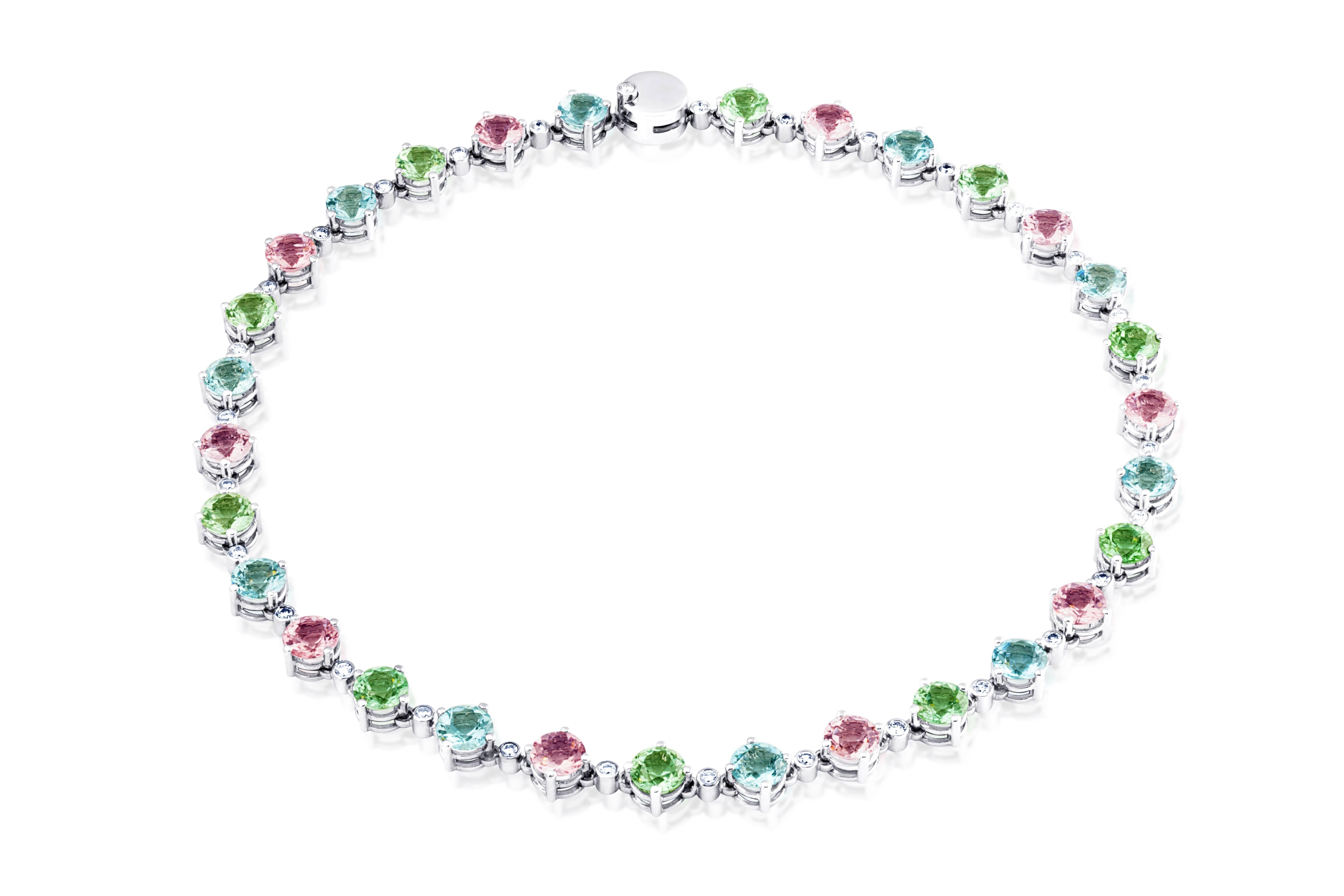 Thomas Leyser is renowned for his contemporary jewellery designs utilizing fine gemstones.

This 18k white gold (62.26g) necklace has 30x fine facetted gemstones (round, 8mm, Tourmalines: 19.11ct, Aquamarines: 16.76ct, Morganites: 16.64ct) + 31x