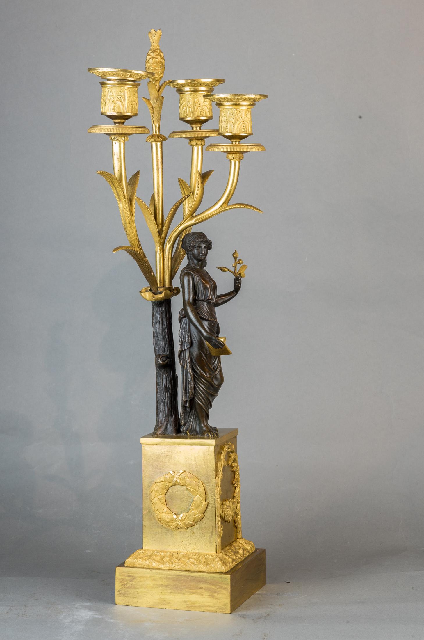 19th Century Fine Patinated and Gilt Bronze Three-Light Figural Candelabras For Sale