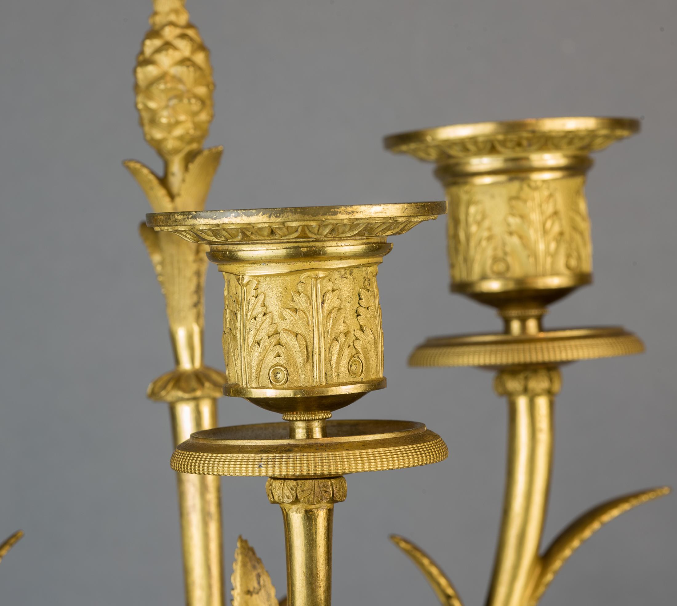 Fine Patinated and Gilt Bronze Three-Light Figural Candelabras For Sale 2