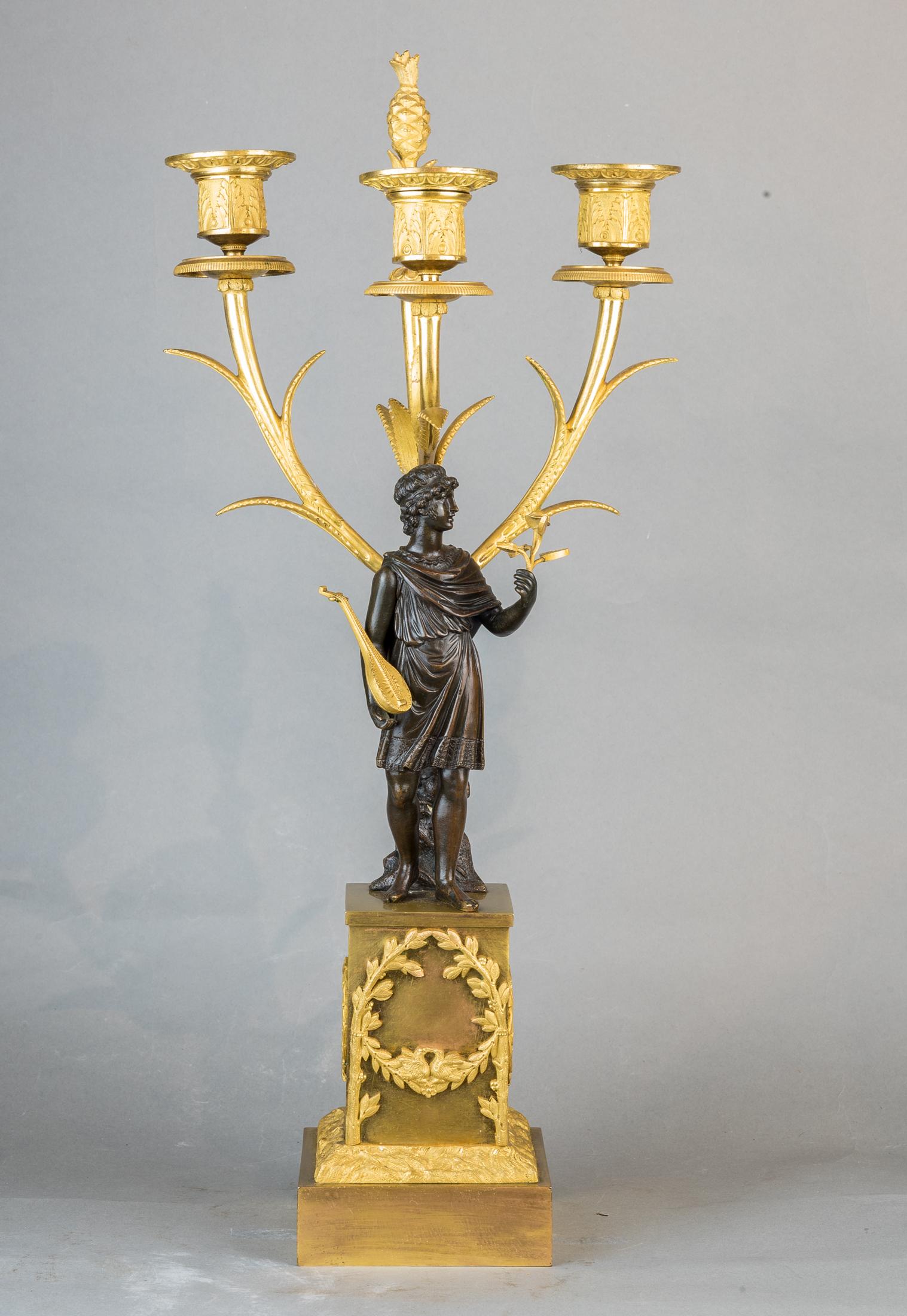 Fine Patinated and Gilt Bronze Three-Light Figural Candelabras For Sale 3