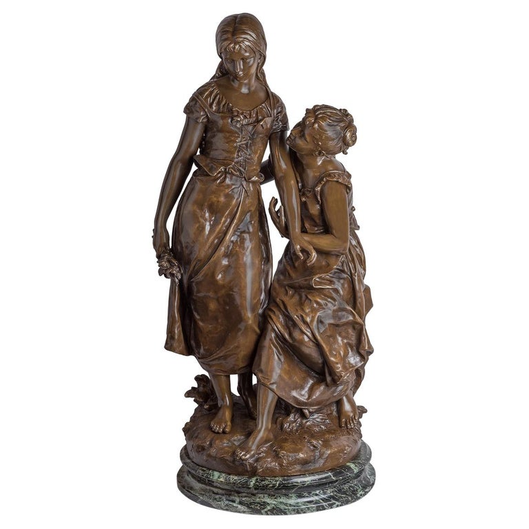 Fine Patinated Bronze Sculpture of Two Females by Hippolyte Moreau For Sale  at 1stDibs