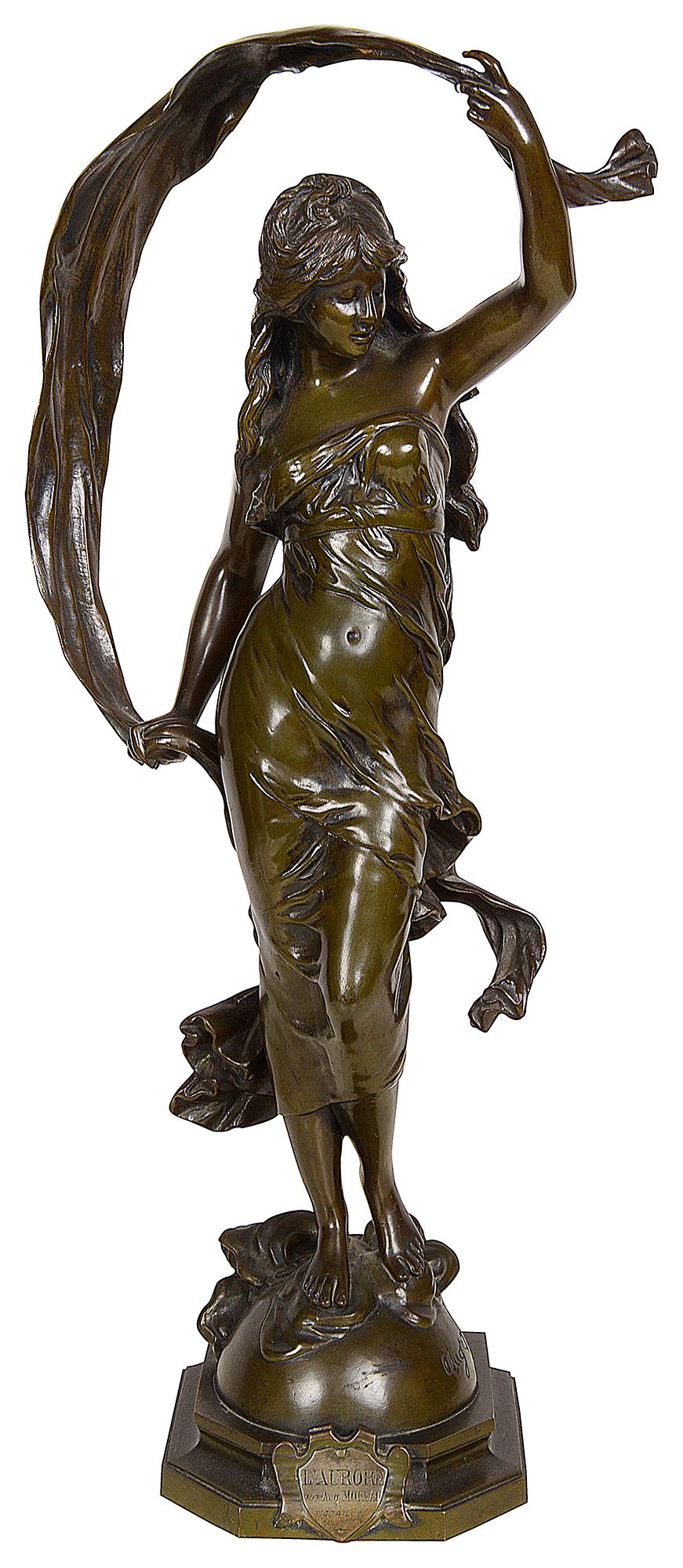 A very good quality 19th century patinated bronze statue of 'Aurore', signed Aug. Moreau

Aurora, in Greco-Roman mythology, the personification of the dawn. According to the Greek poet Hesiod's Theogony, she was the daughter of the Titan Hyperion