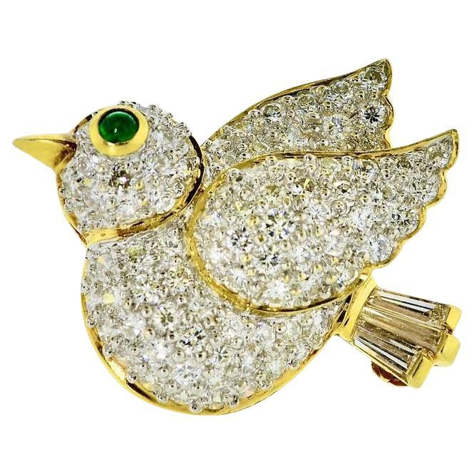 Fine Pave Set Diamond, Emerald, and 18K Yellow 
White Gold Charming Bird Brooch