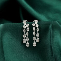 Fine Pear Shape Diamond Waterfall Earrings 18K White Gold Statement Jewelry