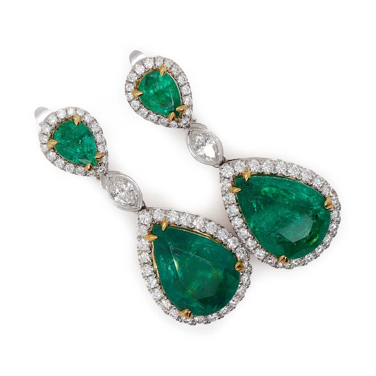 Pear Cut Fine Pear Shape Emerald and Diamond Dangle Earrings For Sale