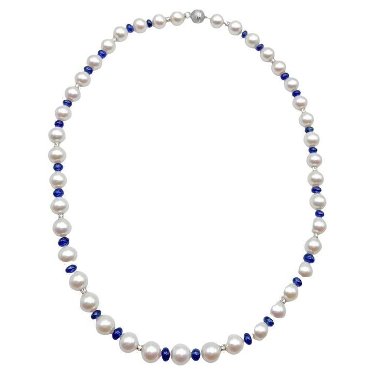 Fine Pearl Necklace with Sapphires 6 Carat 14 Karat Gold For Sale