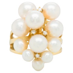 Vintage Fine Pearl Ring With Diamonds Carats 14K Yellow Gold