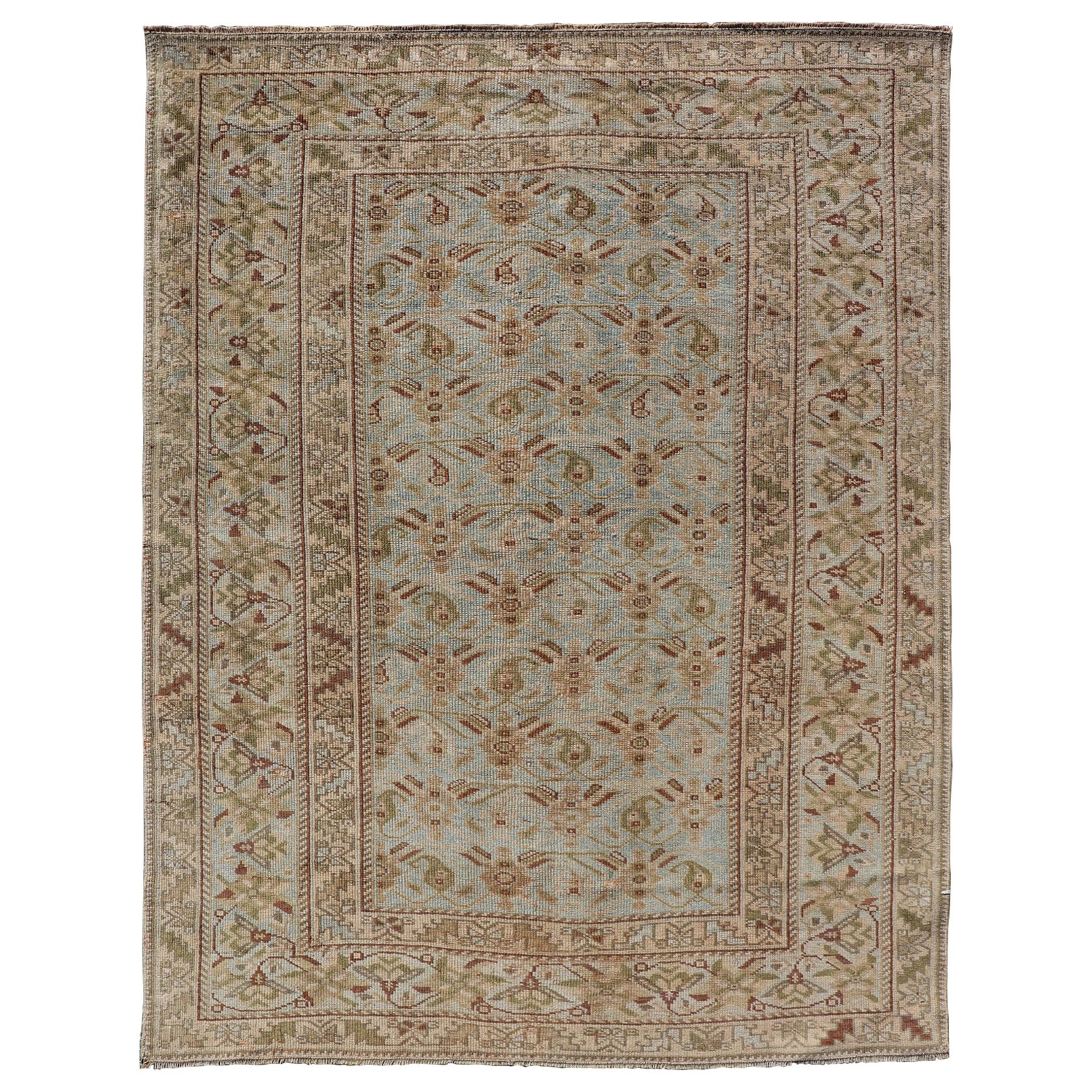 Tapis persan ancien Afshar en vert, brun et bleu tribal
