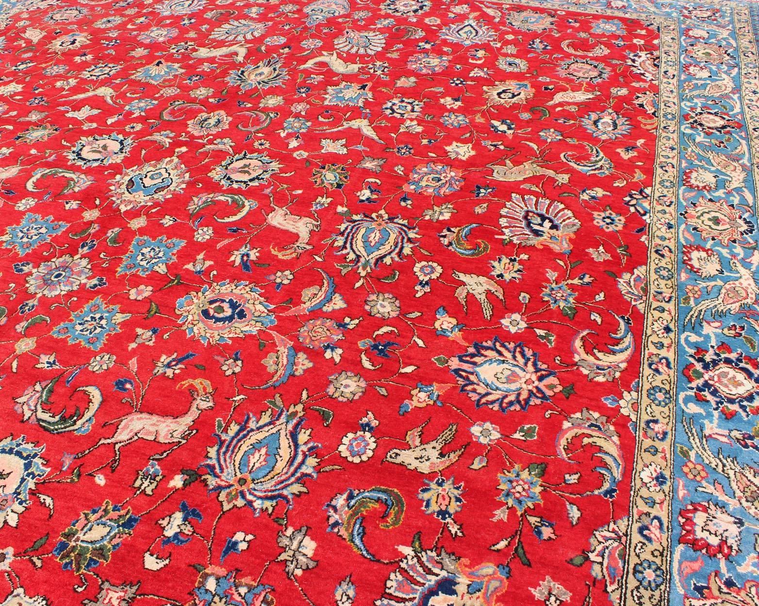 Wool Fine Persian Isfahan Rug with All-Over Floral Design in Red Background For Sale