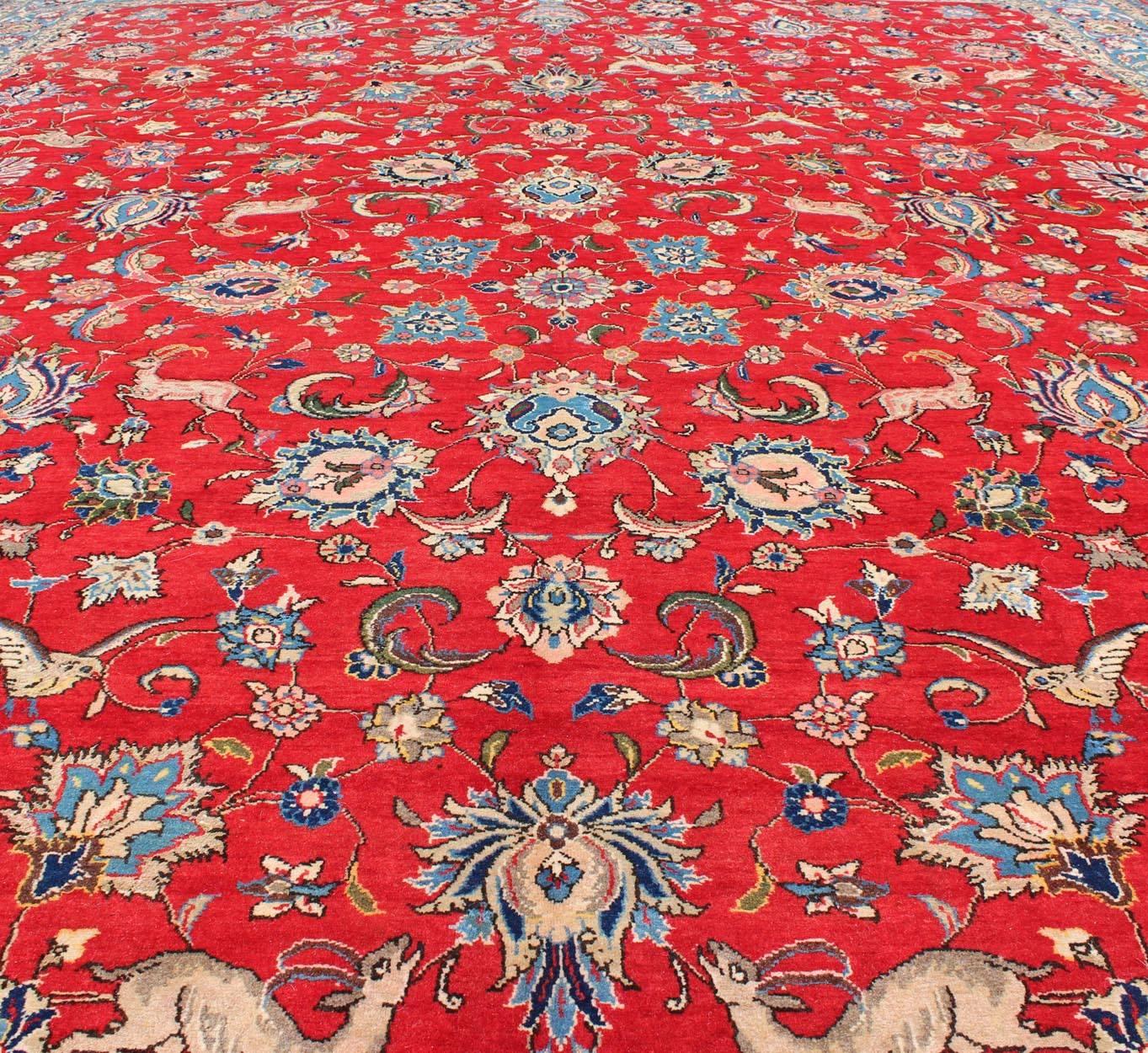 Fine Persian Isfahan Rug with All-Over Floral Design in Red Background For Sale 1