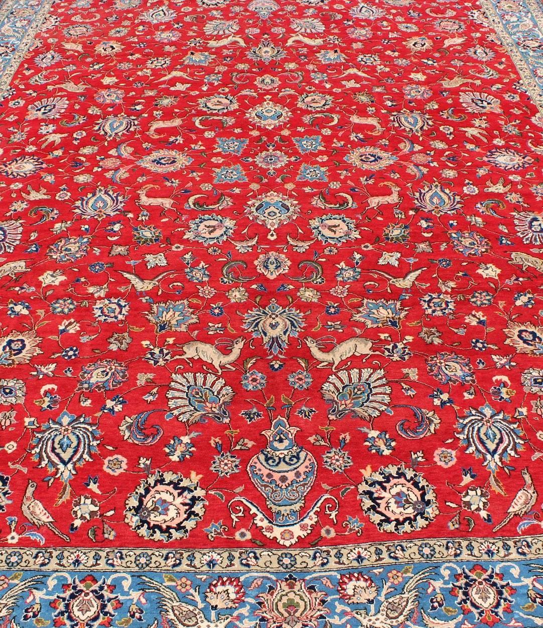 Fine Persian Isfahan Rug with All-Over Floral Design in Red Background For Sale 2