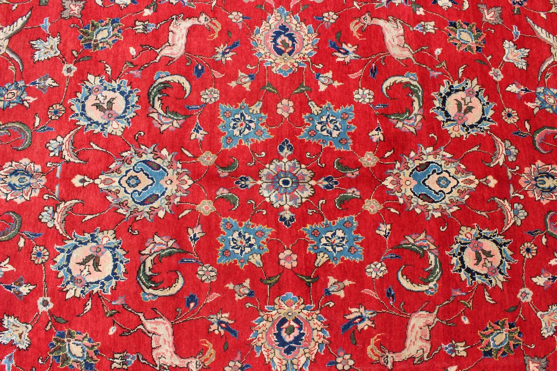 Fine Persian Isfahan Rug with All-Over Floral Design in Red Background For Sale 3