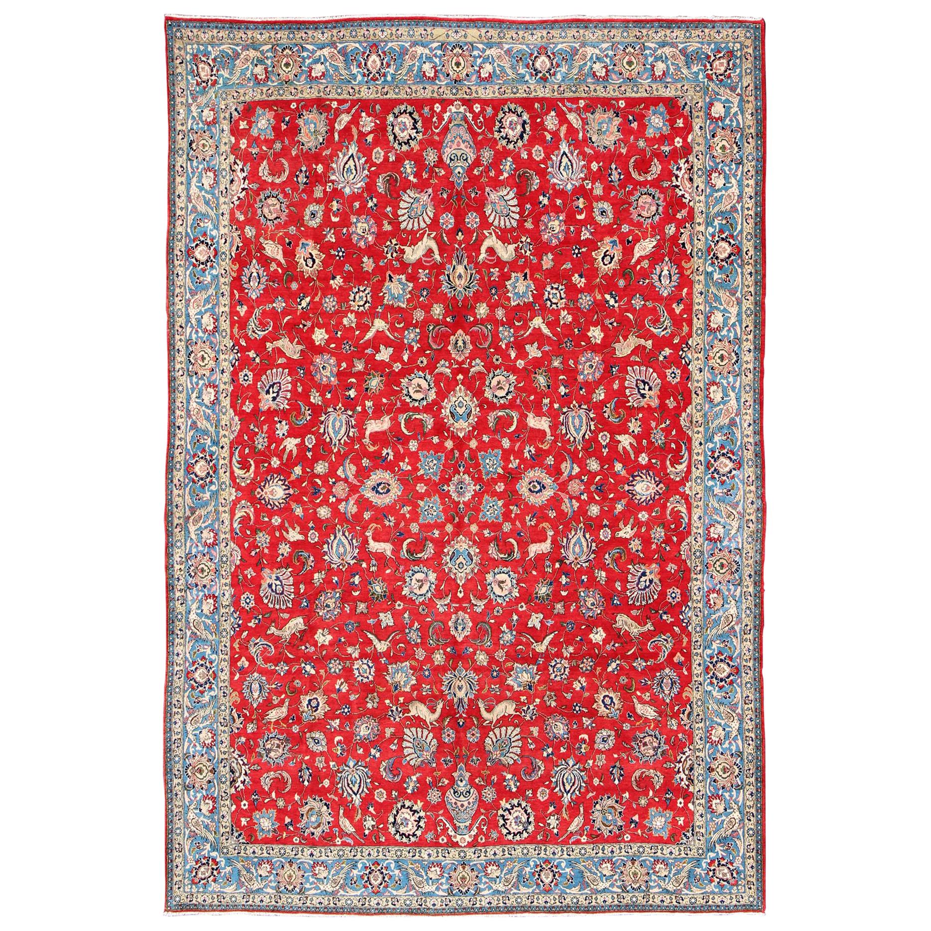 Fine Persian Isfahan Rug with All-Over Floral Design in Red Background For Sale