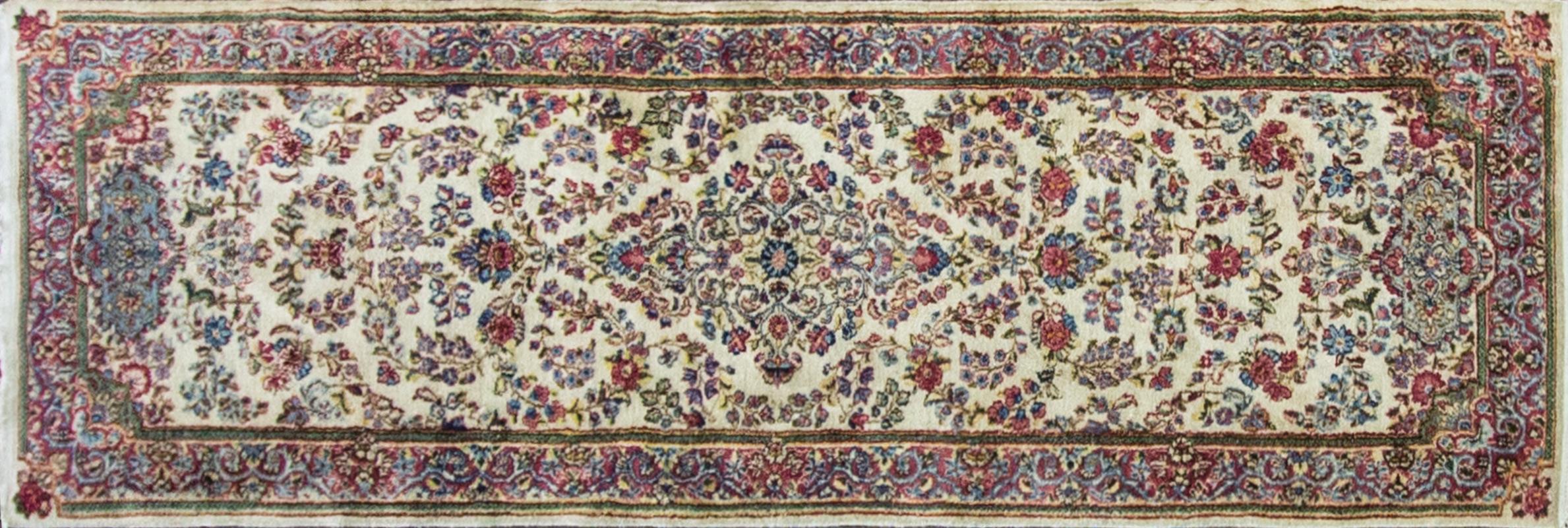 Gorgeous antique Persian Kerman Runner, circa 1930 in excellent condition.
Kirman was a very important antique rug weaving centre dating from the Golden Age of Persian culture under the Safavid dynasty in the 16th century, on a par with Tabriz and
