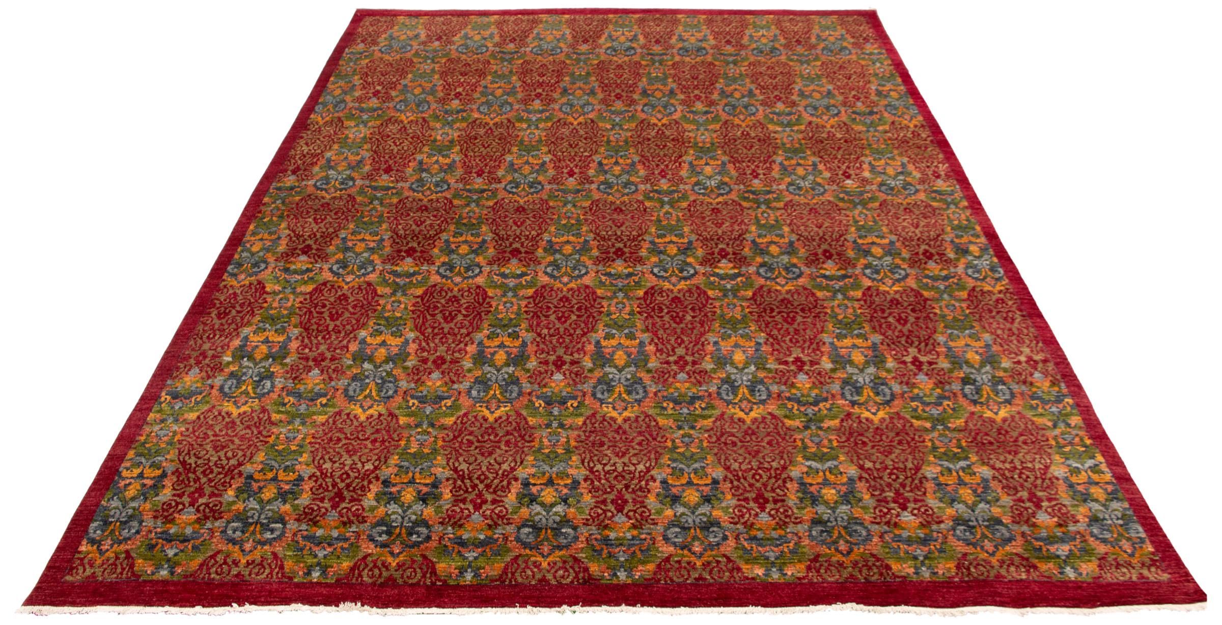 Art Nouveau Hand-Knotted Wool, Red Lahore Carpet, 10’ x 14’ For Sale