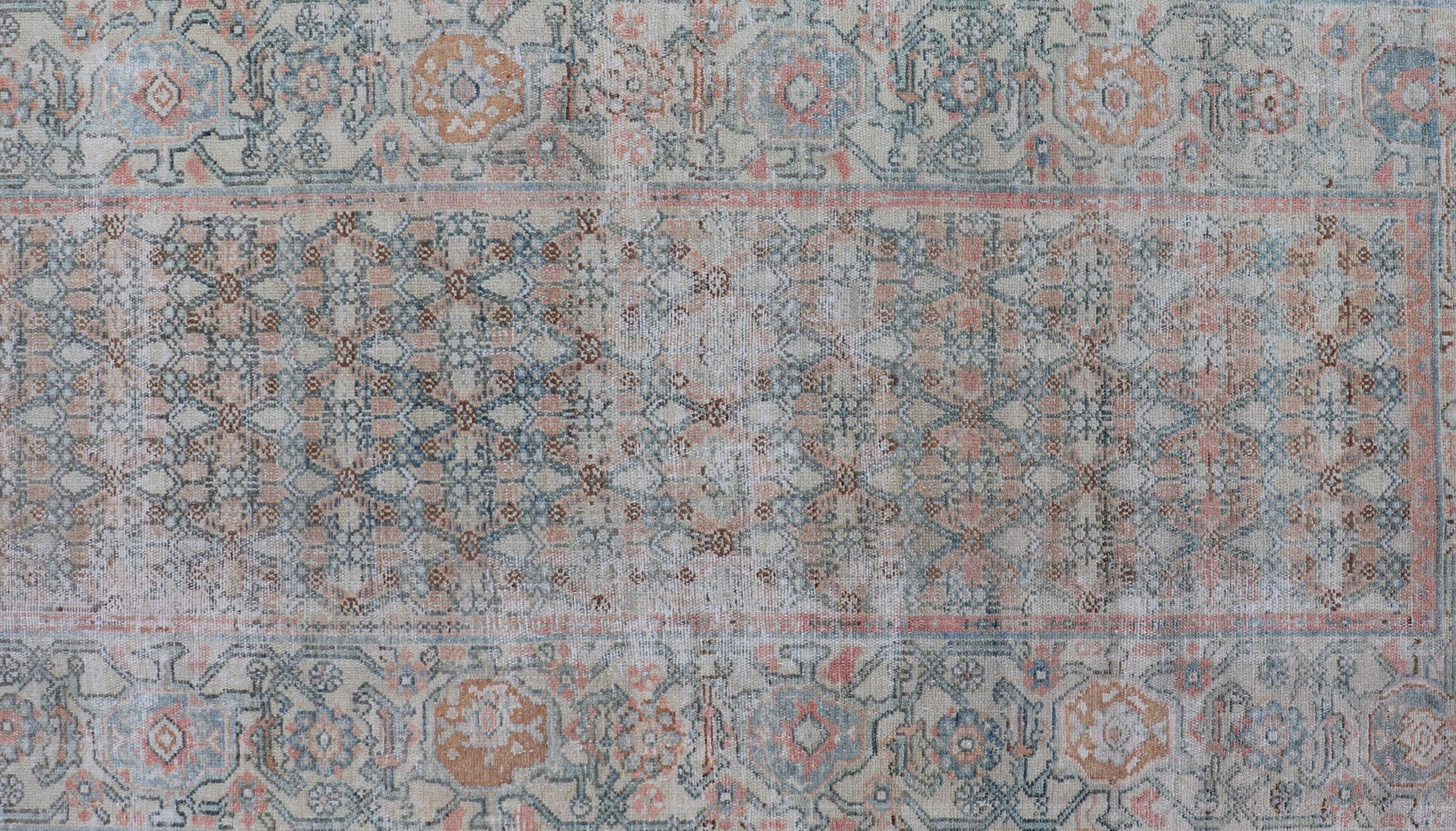 Fine Persian Malayer Runner in Soft Tones of Blue, Salmon, Pink, Peach & Orange For Sale 5