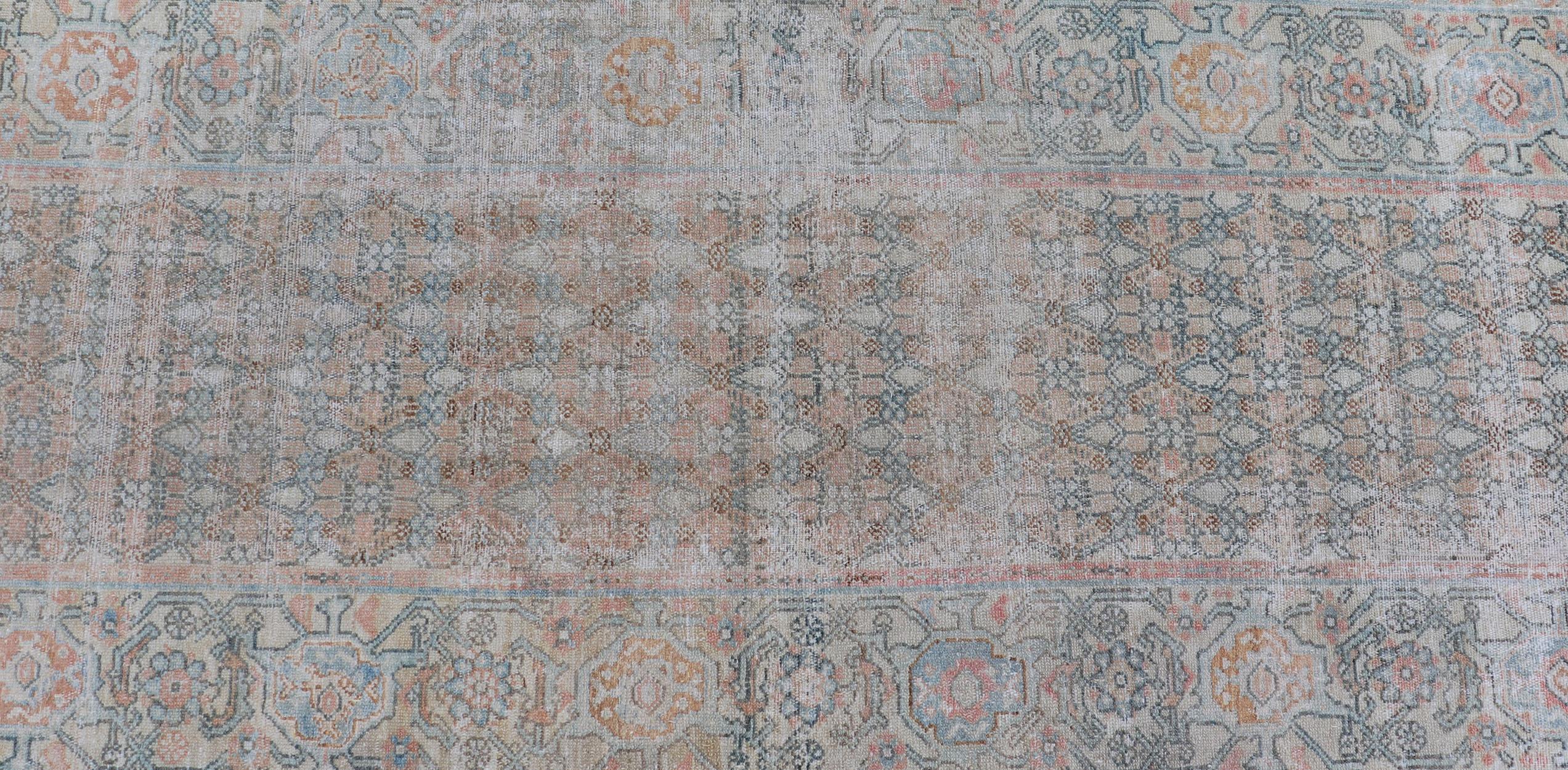 Fine Persian Malayer Runner in Soft Tones of Blue, Salmon, Pink, Peach & Orange For Sale 6