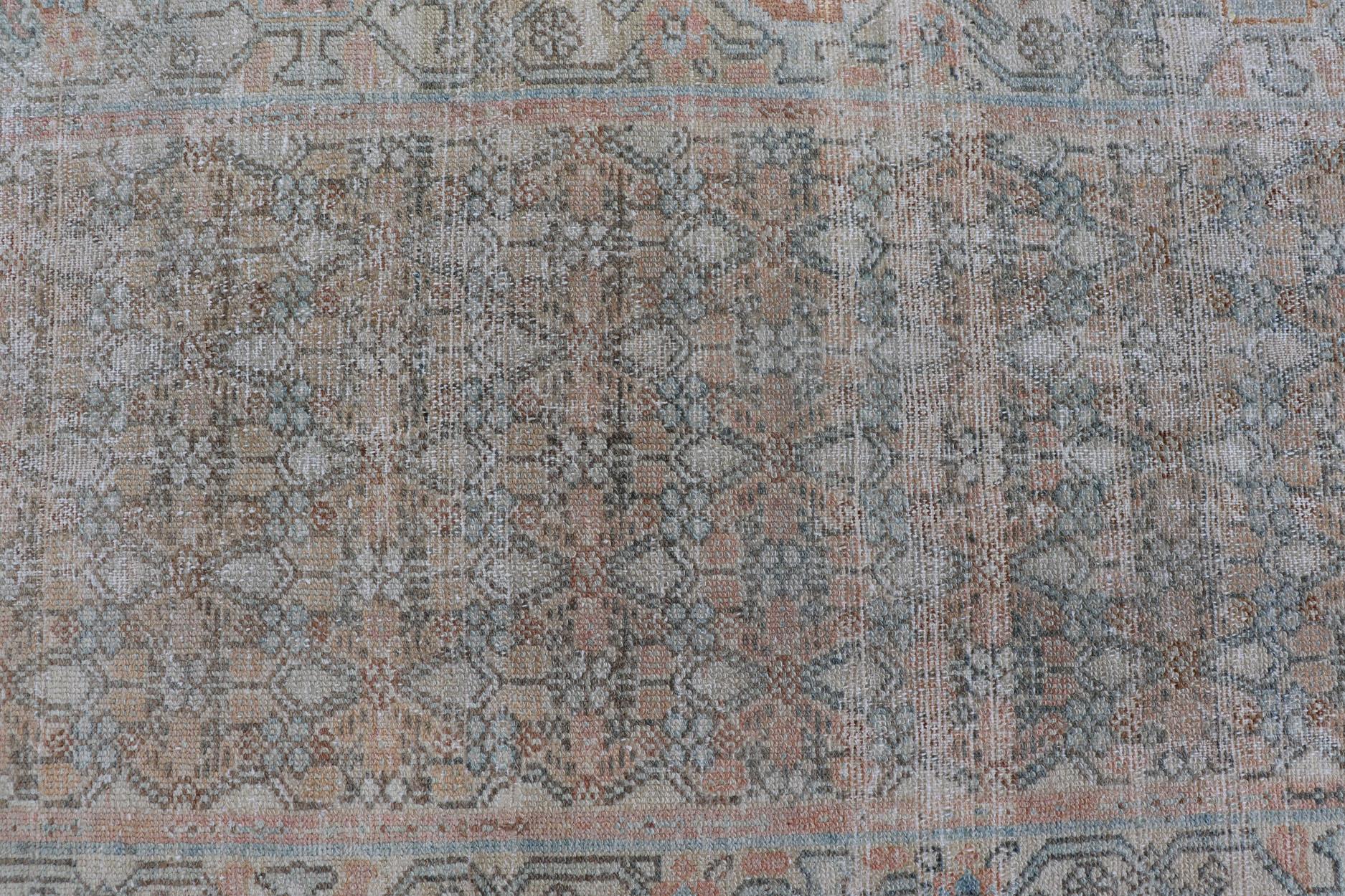 Fine Persian Malayer Runner in Soft Tones of Blue, Salmon, Pink, Peach & Orange For Sale 8