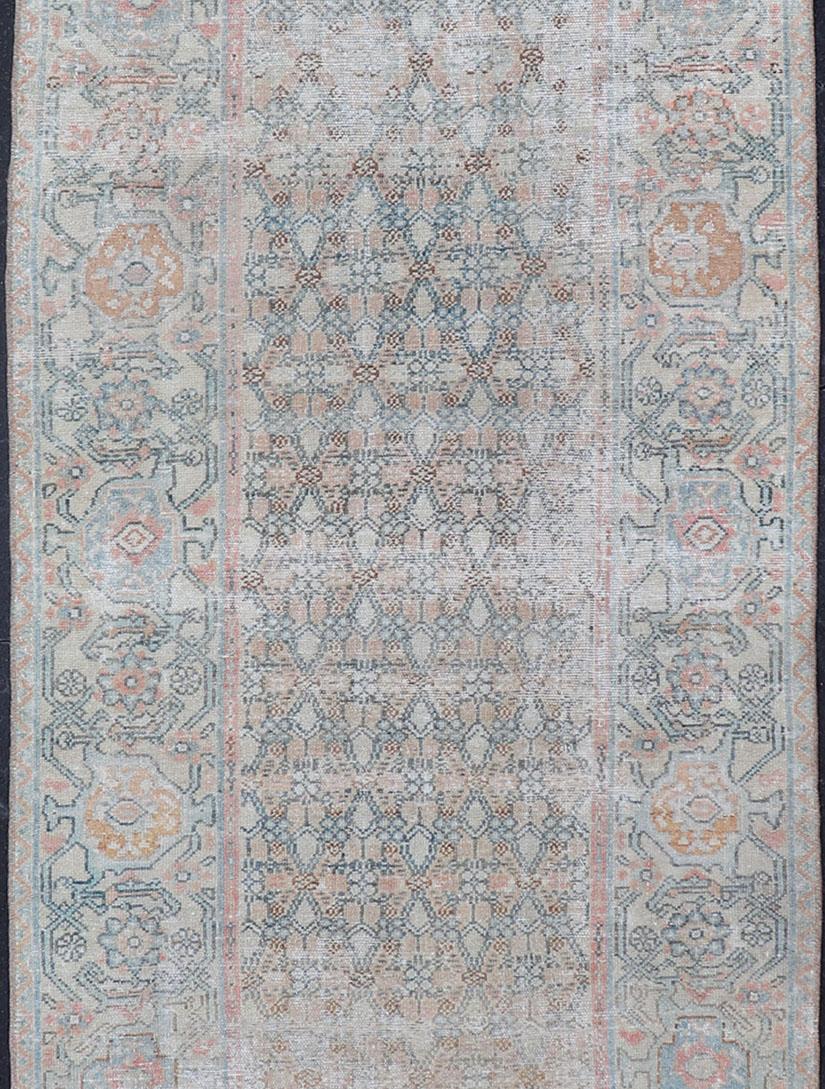 Hand-Knotted Fine Persian Malayer Runner in Soft Tones of Blue, Salmon, Pink, Peach & Orange For Sale