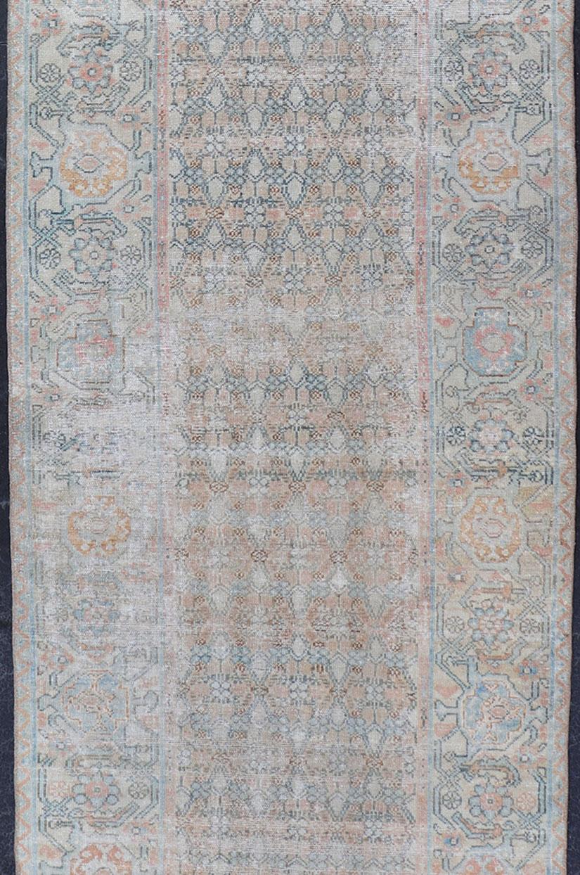 Fine Persian Malayer Runner in Soft Tones of Blue, Salmon, Pink, Peach & Orange In Good Condition For Sale In Atlanta, GA