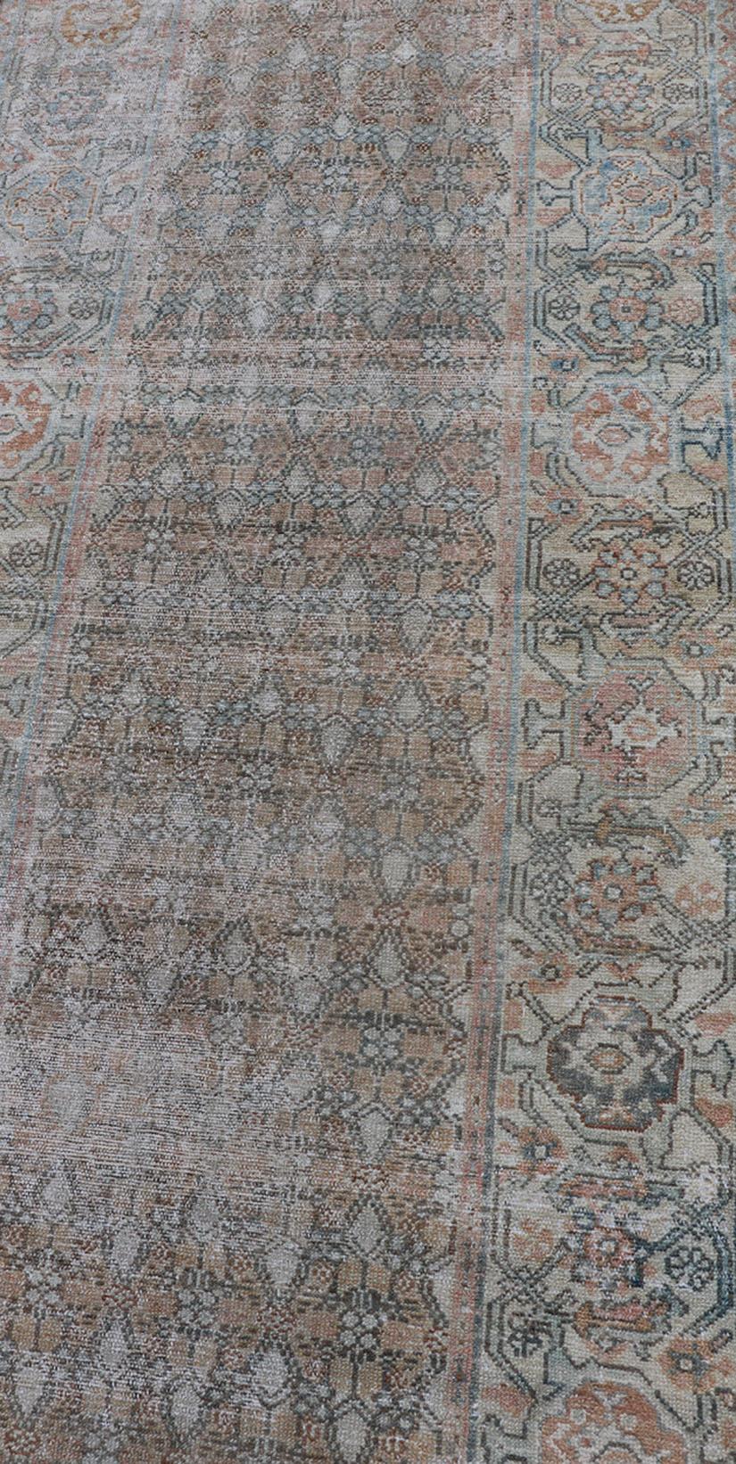 Fine Persian Malayer Runner in Soft Tones of Blue, Salmon, Pink, Peach & Orange For Sale 1