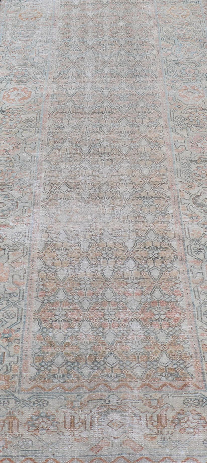 Fine Persian Malayer Runner in Soft Tones of Blue, Salmon, Pink, Peach & Orange For Sale 2