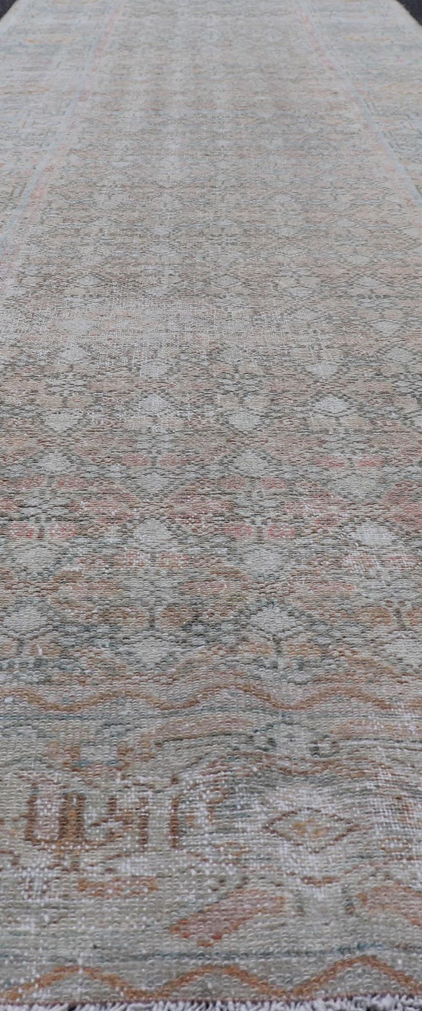 Fine Persian Malayer Runner in Soft Tones of Blue, Salmon, Pink, Peach & Orange For Sale 3