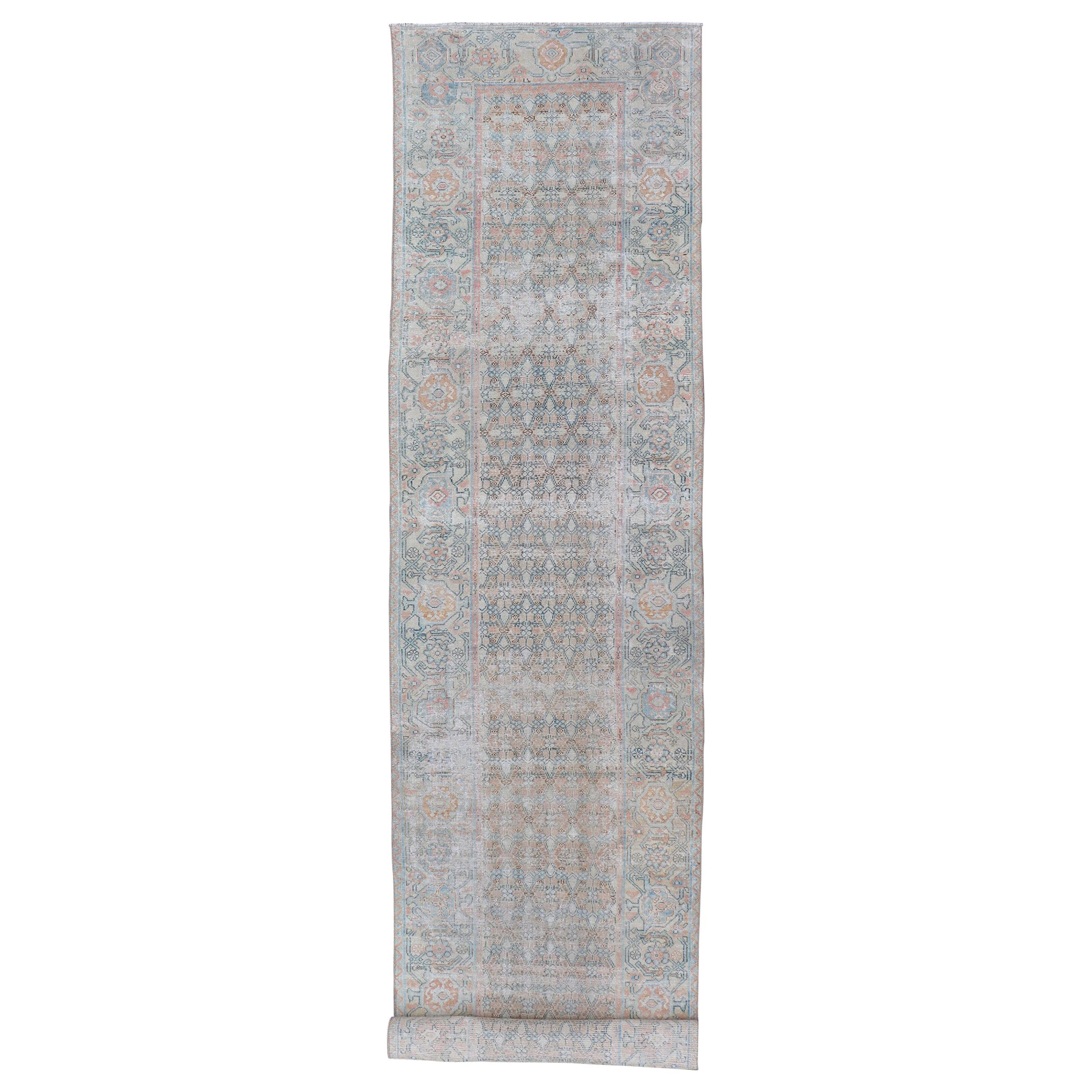 Fine Persian Malayer Runner in Soft Tones of Blue, Salmon, Pink, Peach & Orange For Sale