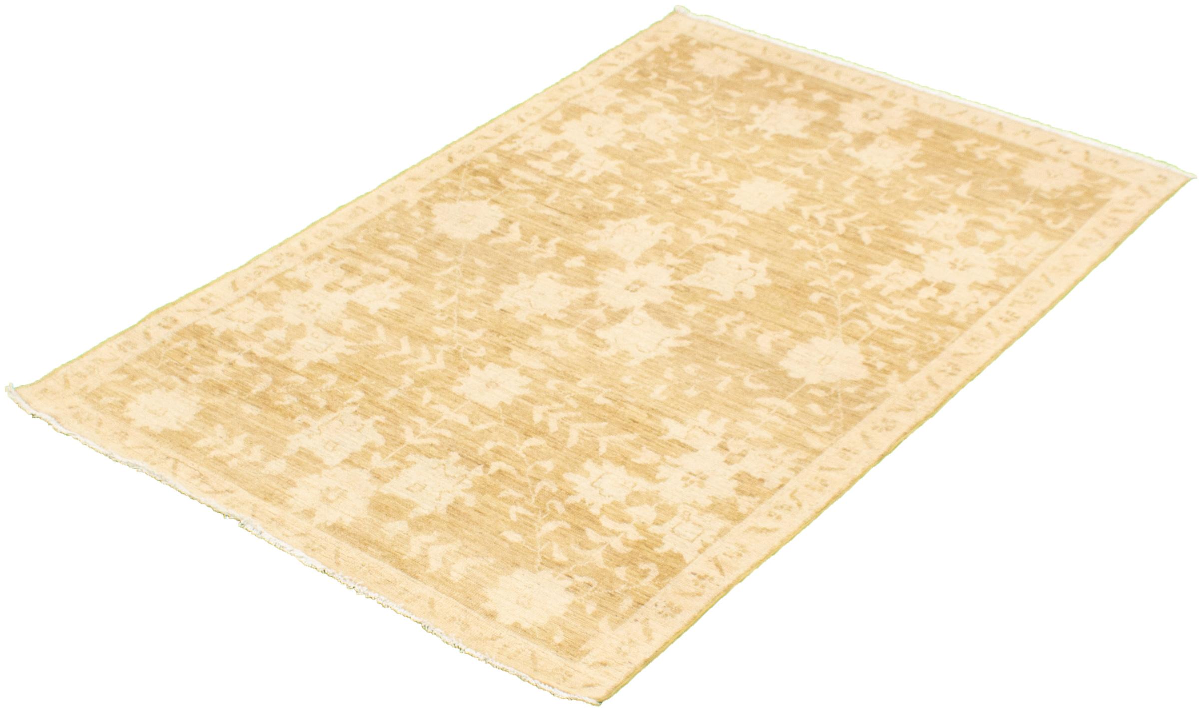 In delicate shades of light brown and neutral cream wool, this hand-knotted Oushak carpet measures 4'1