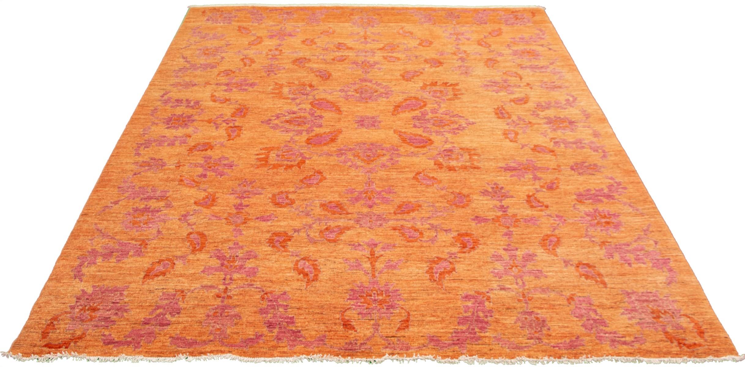 Vegetable Dyed Fine Persian Oushak Rug, Pink & Orange, Transitional Floral Design - 10'x14'