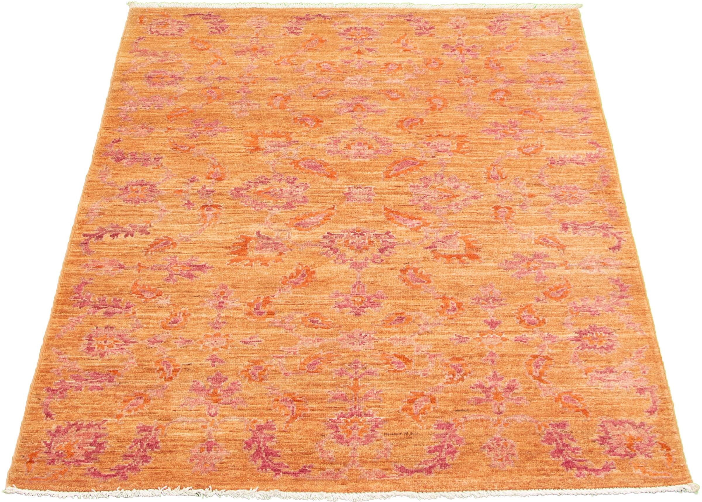 Vegetable Dyed Pink and Orange Wool Persian Oushak Rug, Hand-Knotted, 4’ x 6’ For Sale