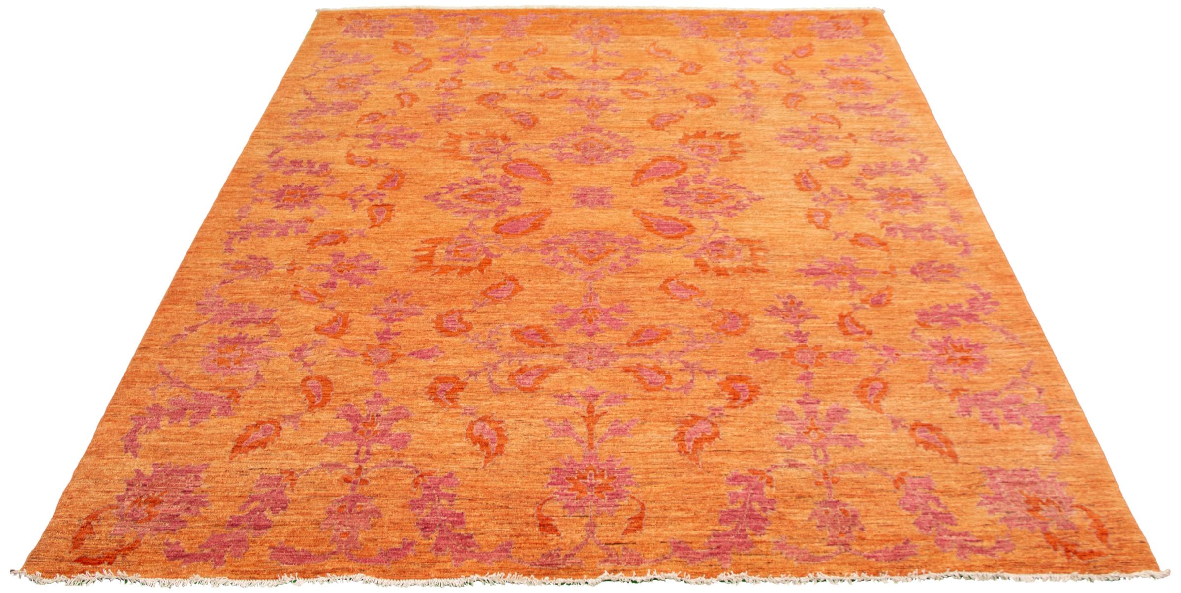 Perse Tapis persan Oushak, rose et orange, motif floral transitionnel, 9' x 12' en vente