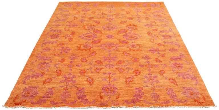 Vegetable Dyed Fine Persian Oushak Rug, Pink & Orange, Transitional Floral Design - 9'x12' For Sale