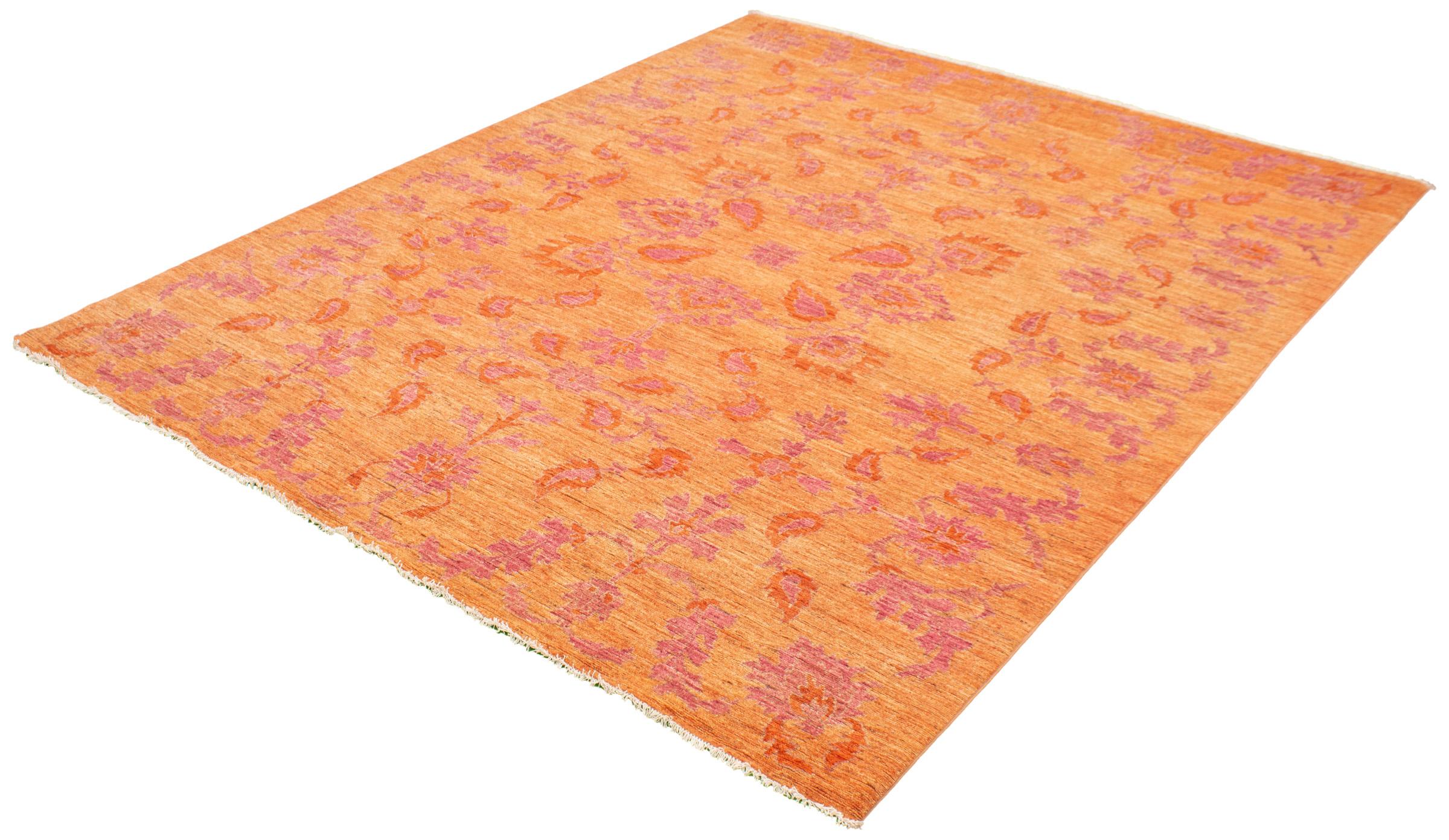 Noué à la main Tapis persan Oushak, rose et orange, motif floral transitionnel, 9' x 12' en vente