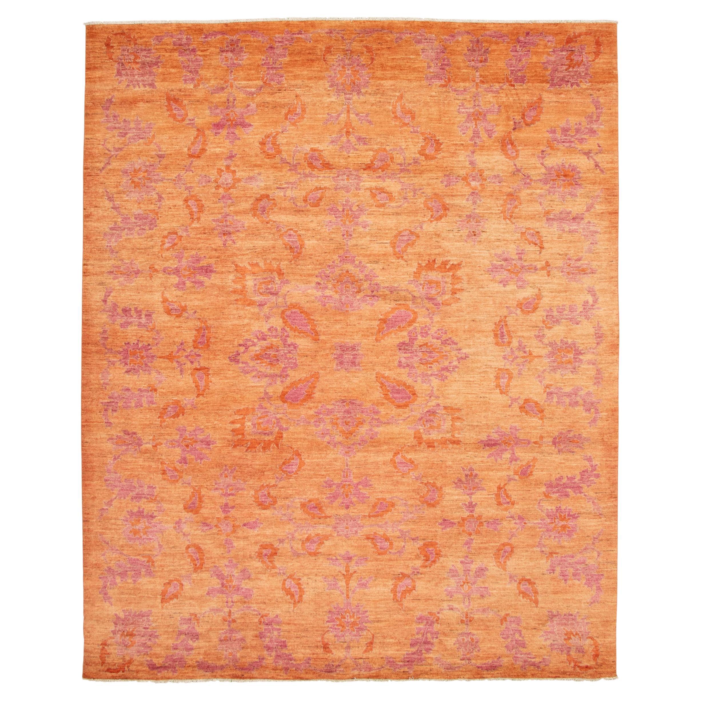 Tapis persan Oushak, rose et orange, motif floral transitionnel, 9' x 12' en vente