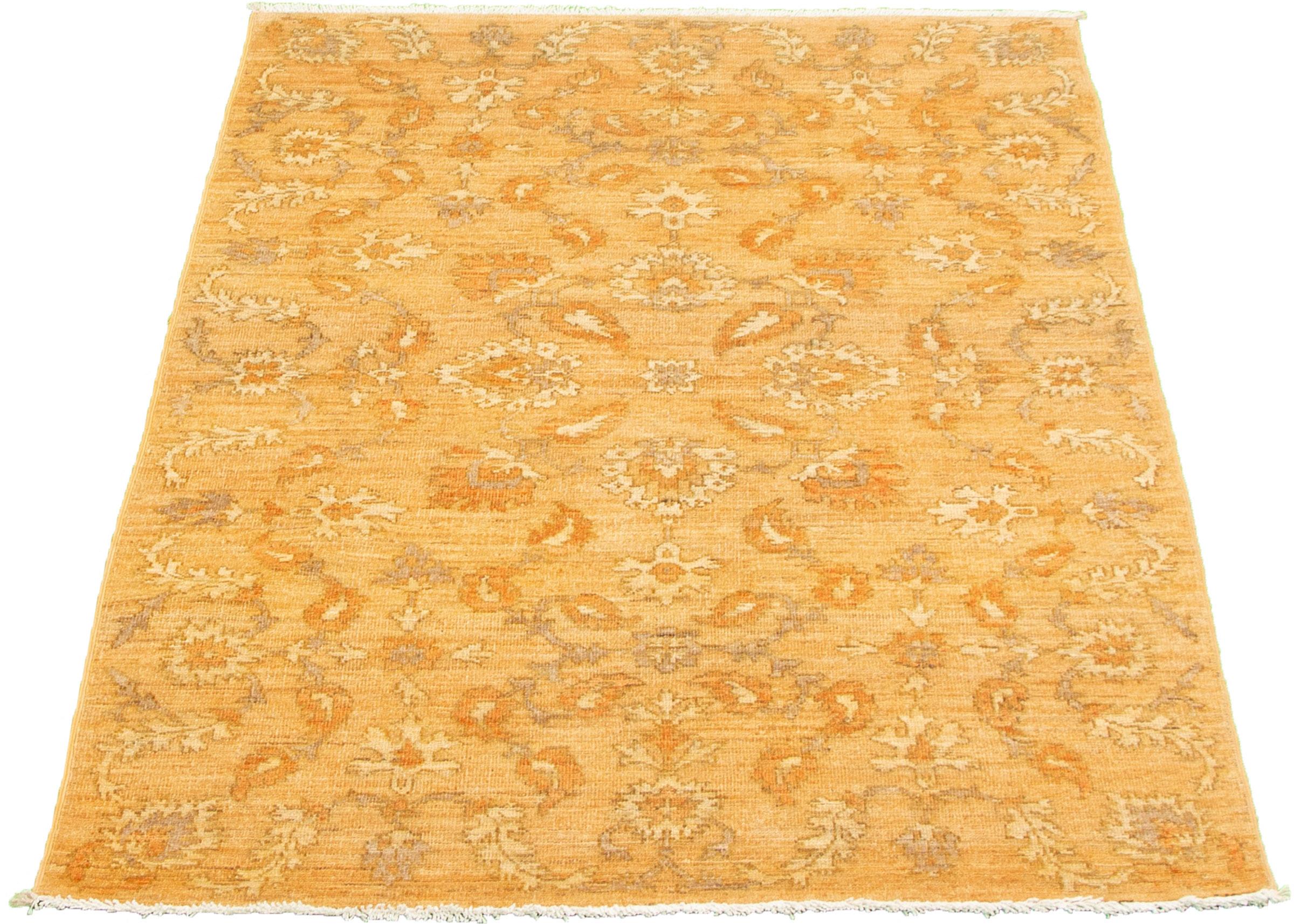 Vegetable Dyed Wool, Hand-Knotted Persian Oushak Rug, Yellow, Taupe, Cream, 4’ x 6’ For Sale