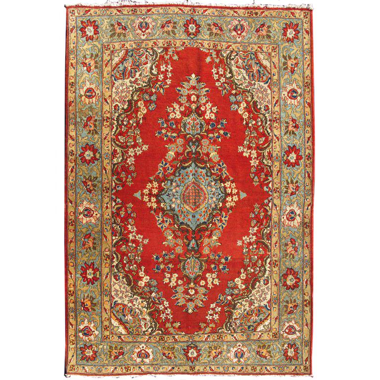 Fine Persian Qum Carpet with Red, Light Blue, Light Green, Navy and Brown For Sale