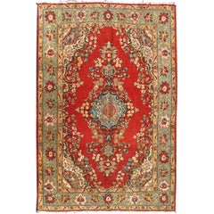 Tapis persan raffiné Qum rouge, bleu clair, vert clair, bleu marine et marron