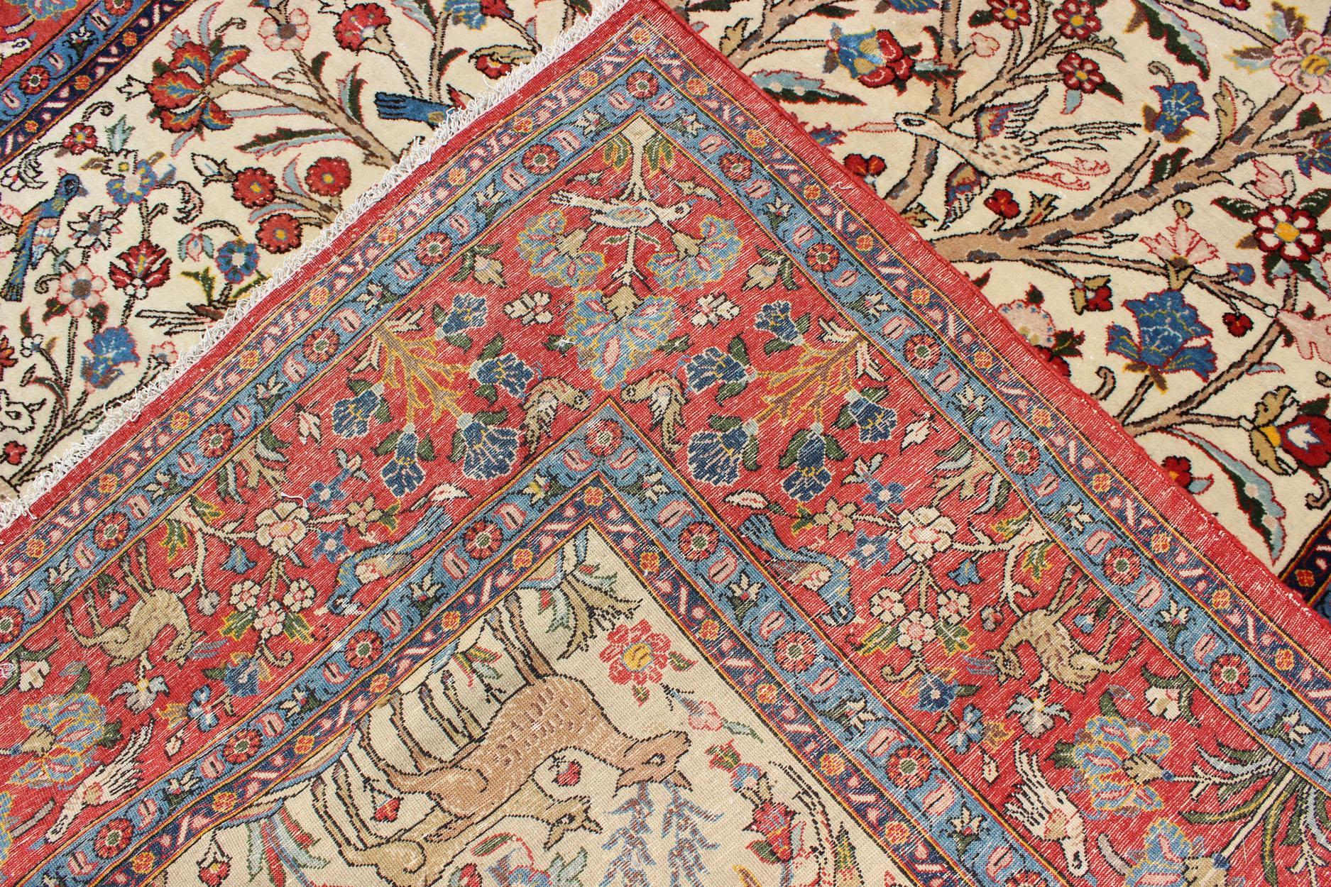 Hand-Knotted Fine Persian Qum Rug with Detailed All-Over Floral and Bird Design