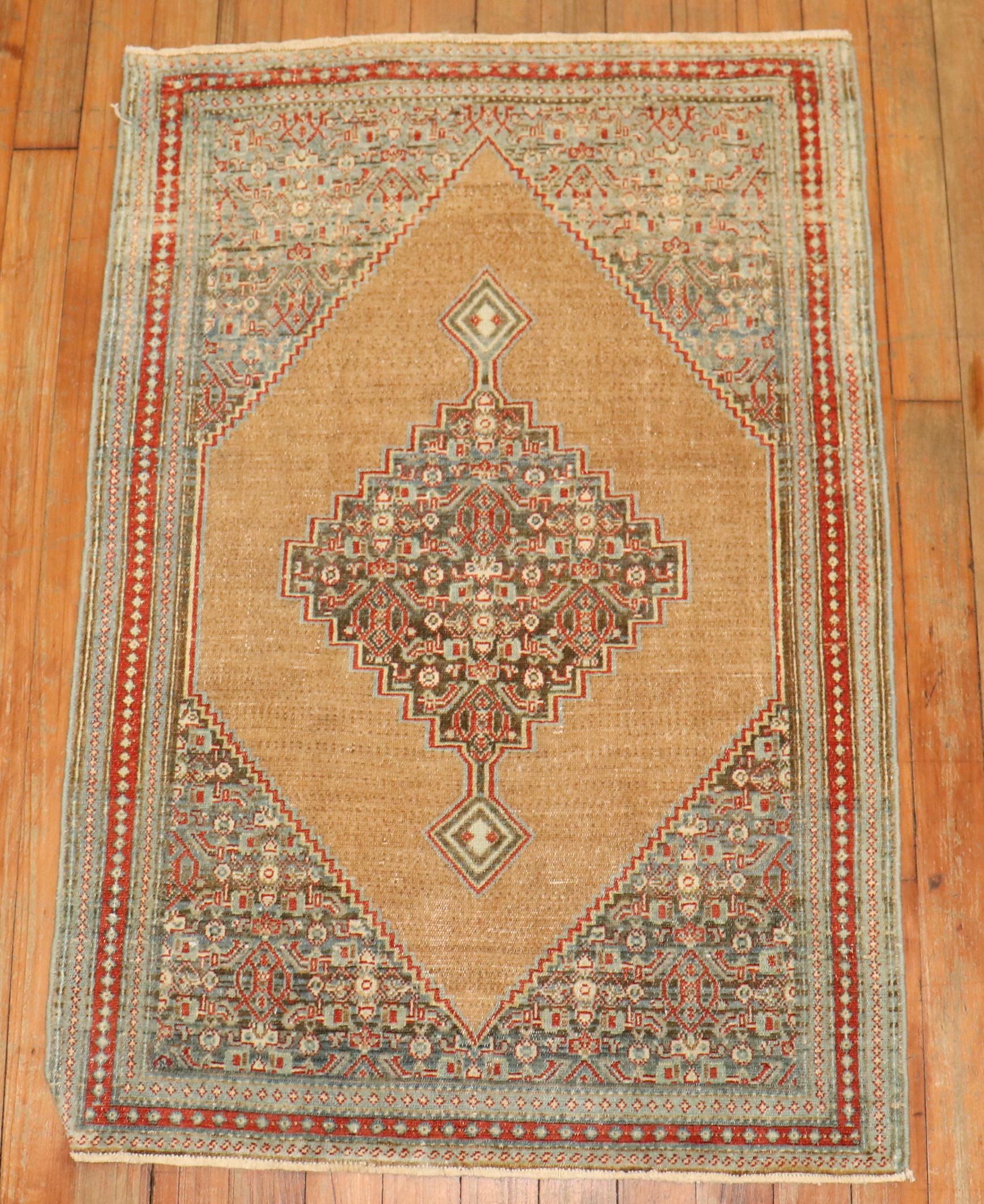 An authentic 19th century Persian Mat size Senneh rug with a muted camel field, accents in soft red/ gray blue, circa 1910

Measures: 2'2” x 3'2”

Antique Senneh rugs are one of the most distinctive of all Persian rugs. Even though the designs