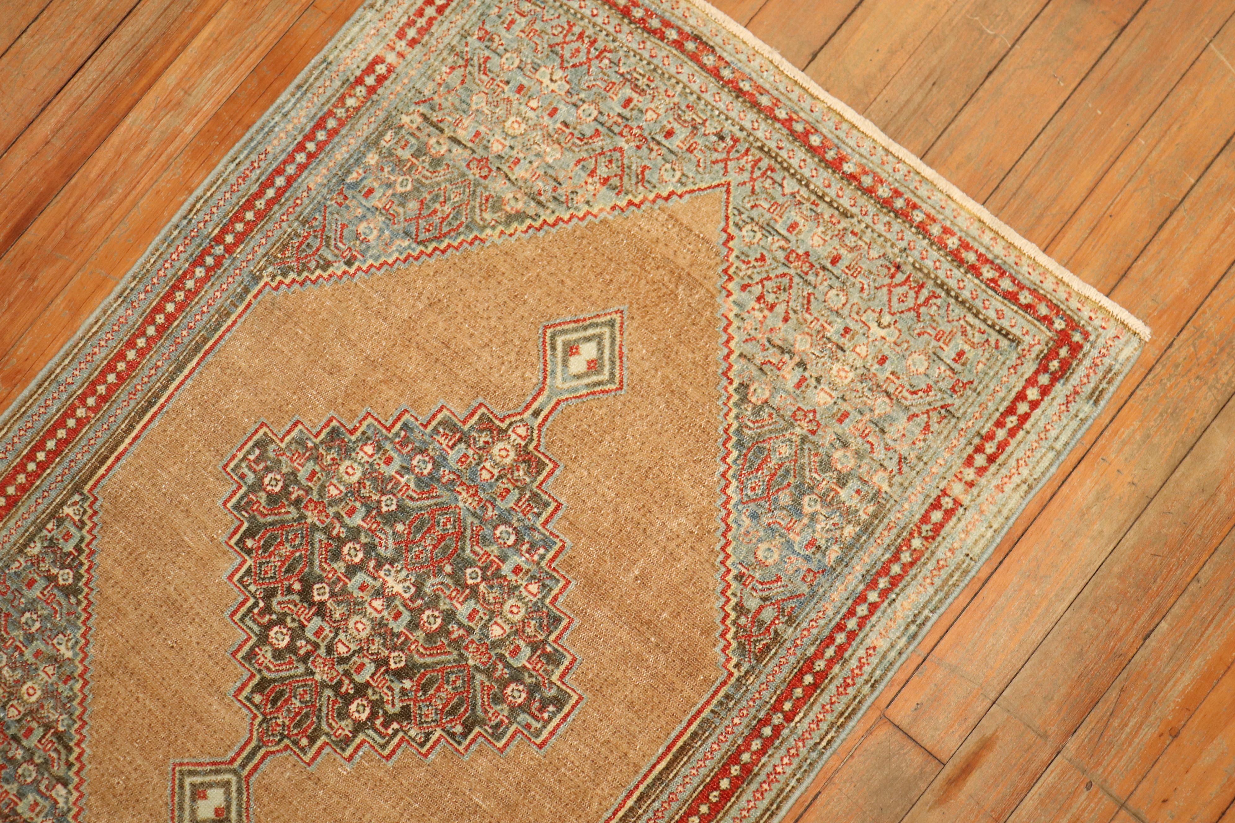 Tabriz Fine Persian Senneh Mat Camel Gray Blue Rug, Early 20th Century