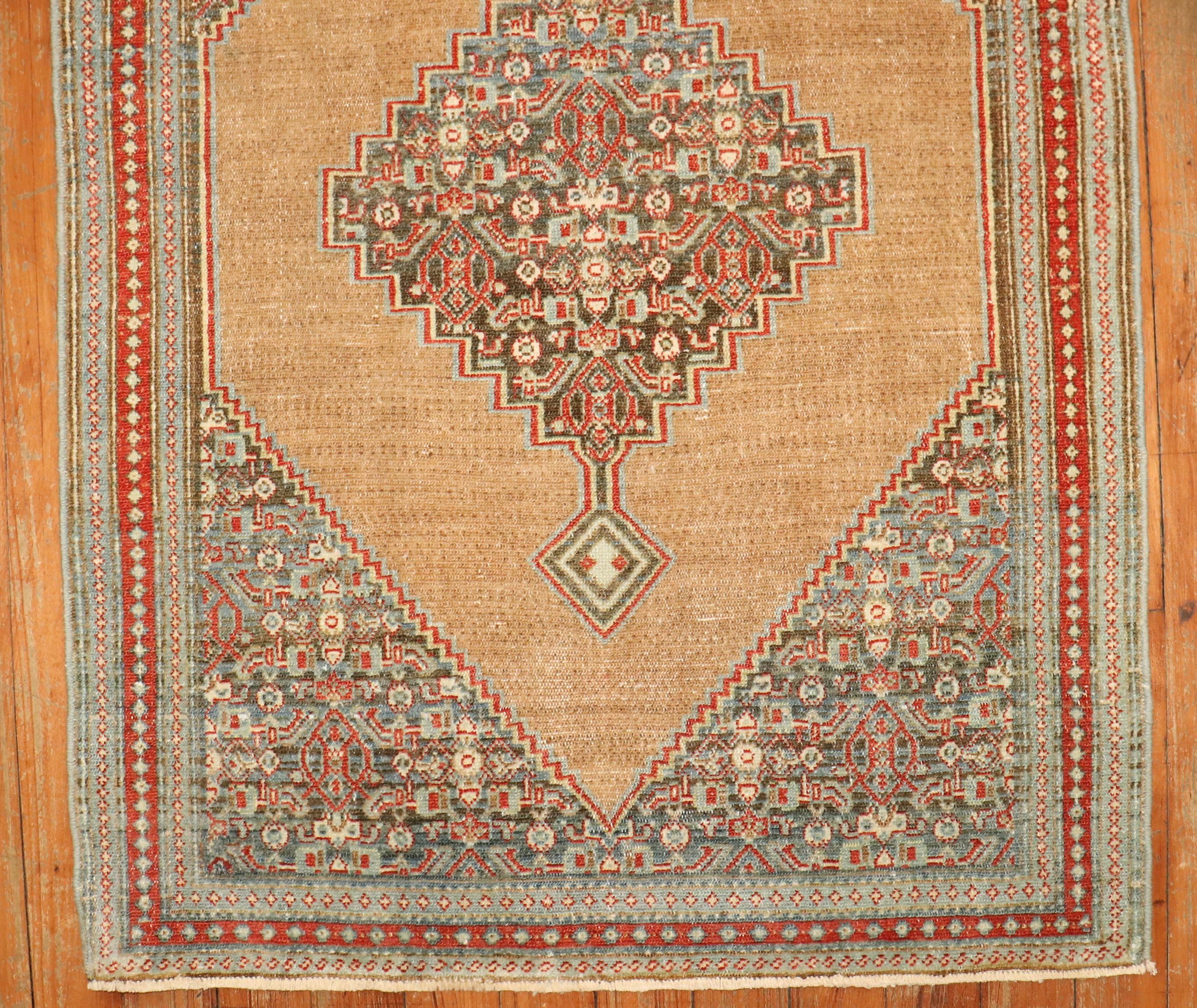 Hand-Knotted Fine Persian Senneh Mat Camel Gray Blue Rug, Early 20th Century