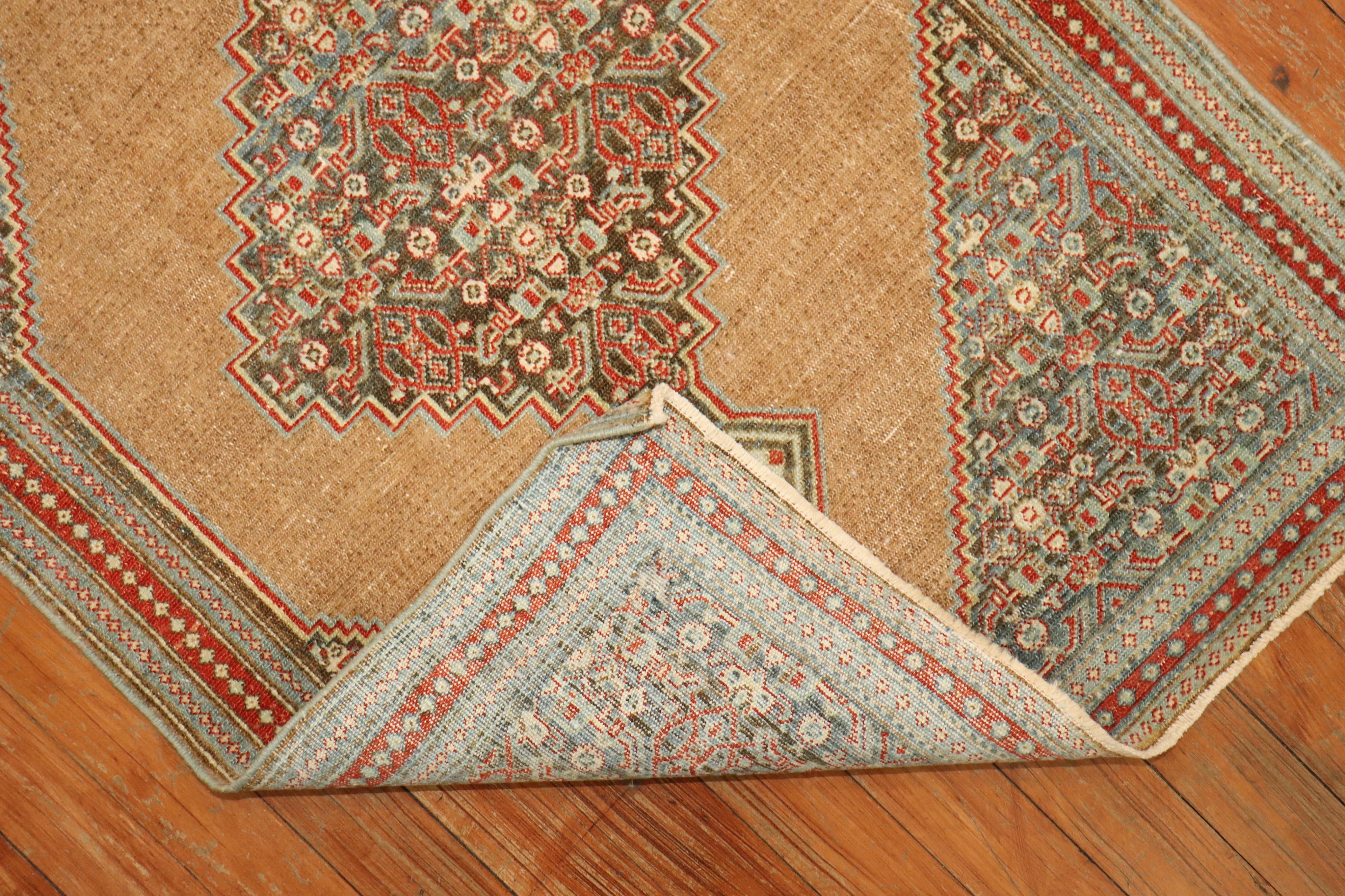 Wool Fine Persian Senneh Mat Camel Gray Blue Rug, Early 20th Century