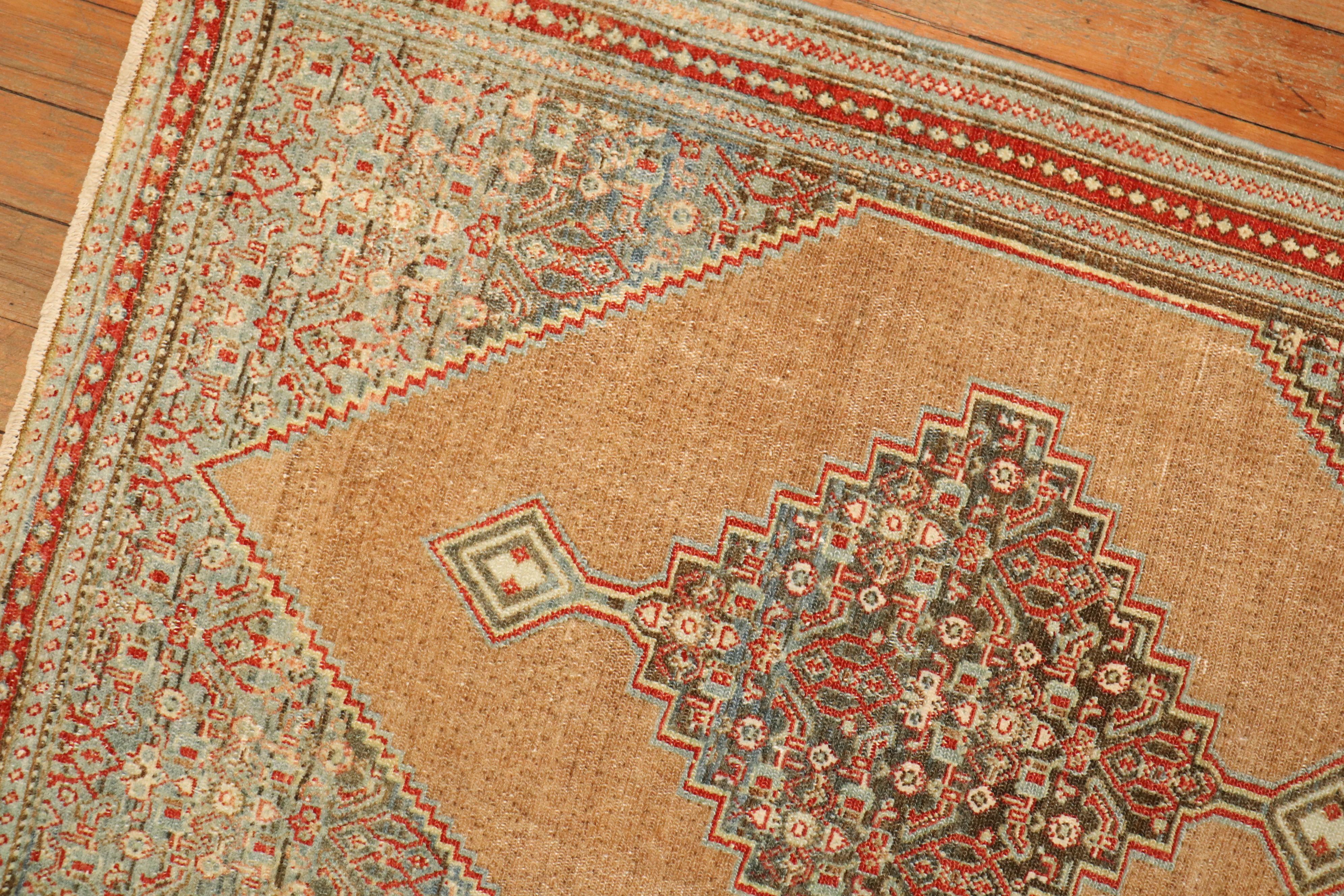 Fine Persian Senneh Mat Camel Gray Blue Rug, Early 20th Century 1